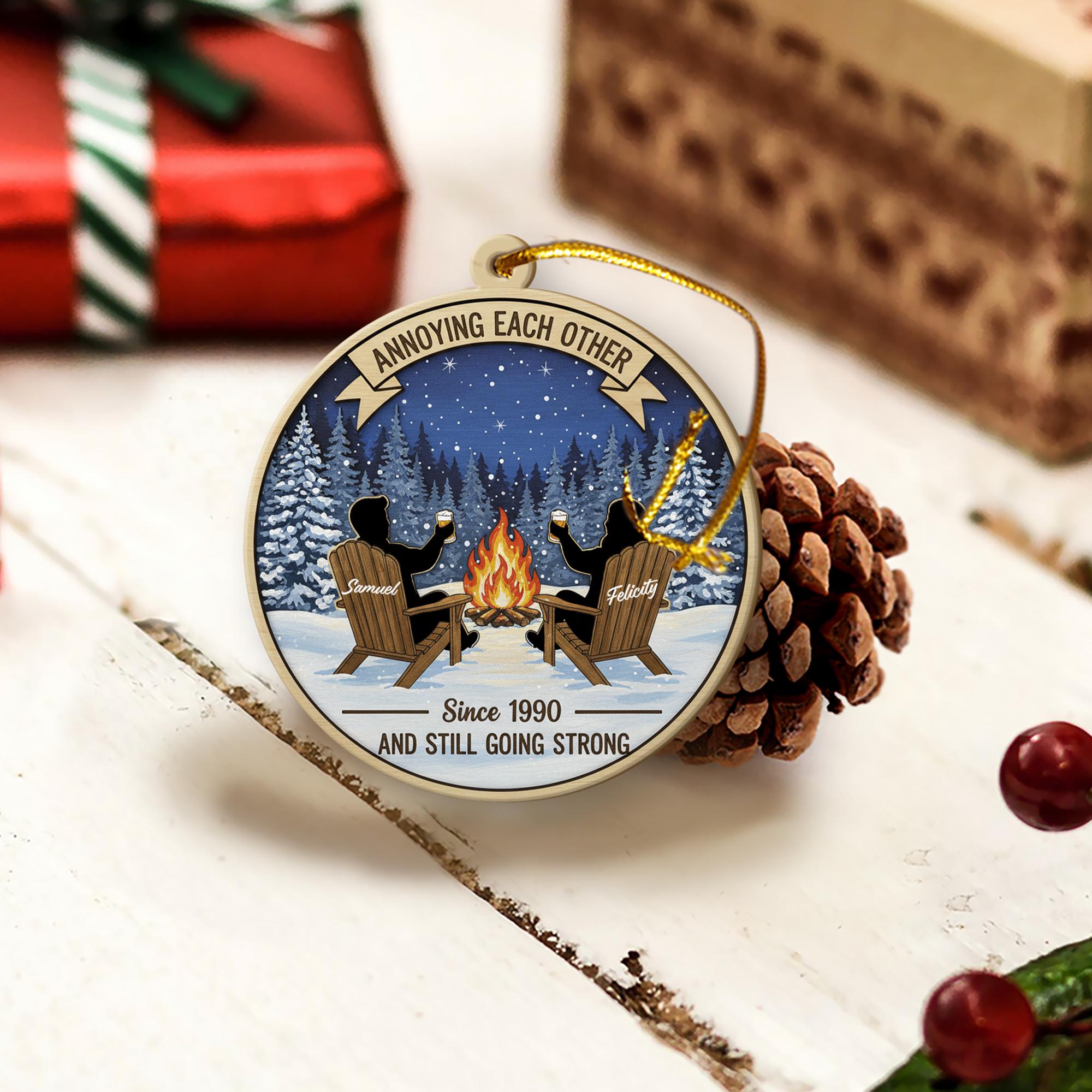 Personalized Wood Ornament: Campfire Scene Winter Decor, Custom Couple Keepsake