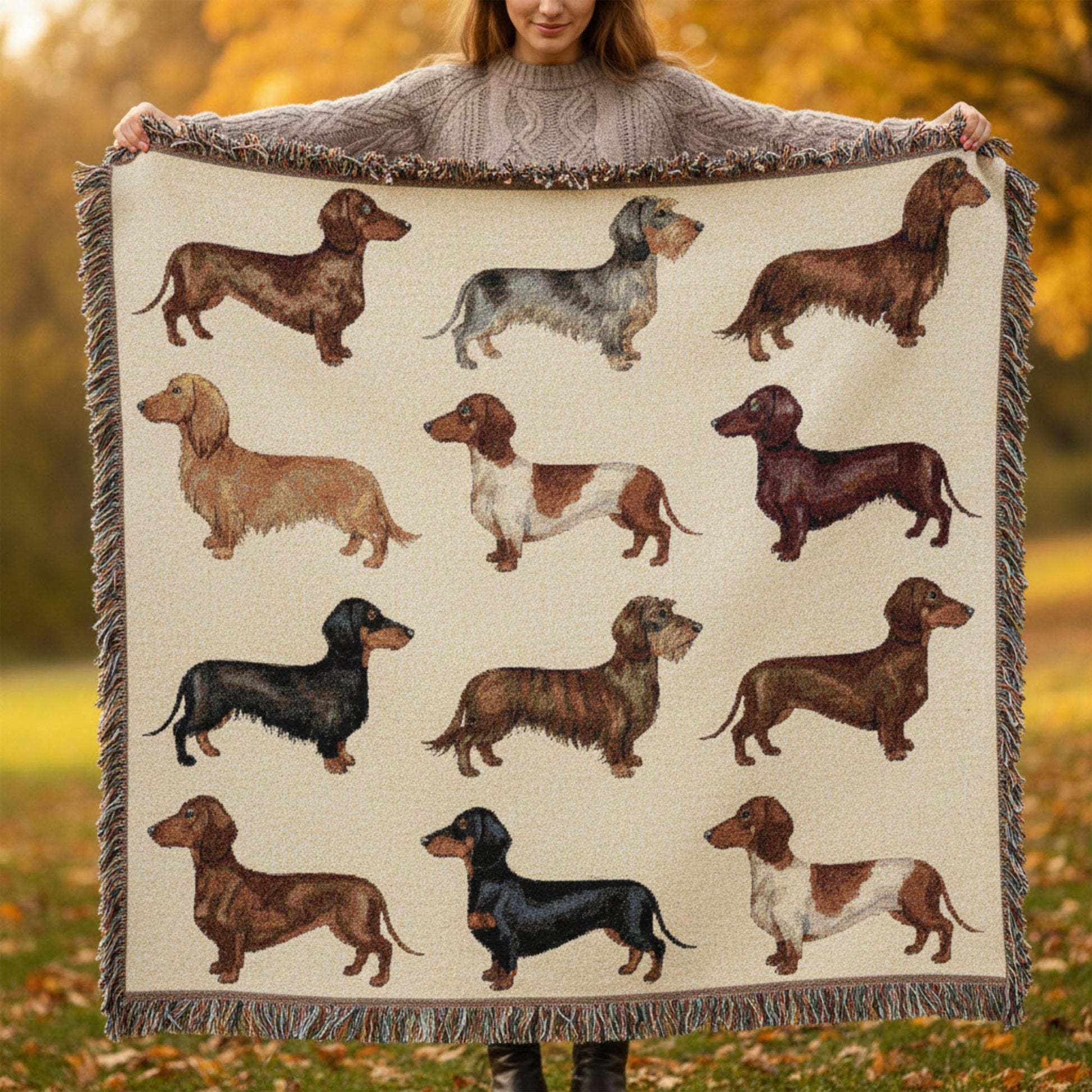 Dachshund Woven Blanket: Dog Breed Grid Design, Multicolor Throw, Decorative Pet Lover Tapestry