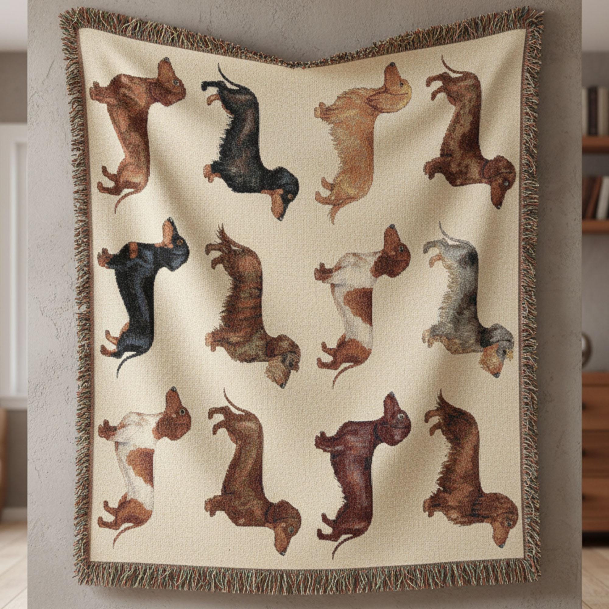 Dachshund Woven Blanket: Dog Breed Grid Design, Multicolor Throw, Decorative Pet Lover Tapestry