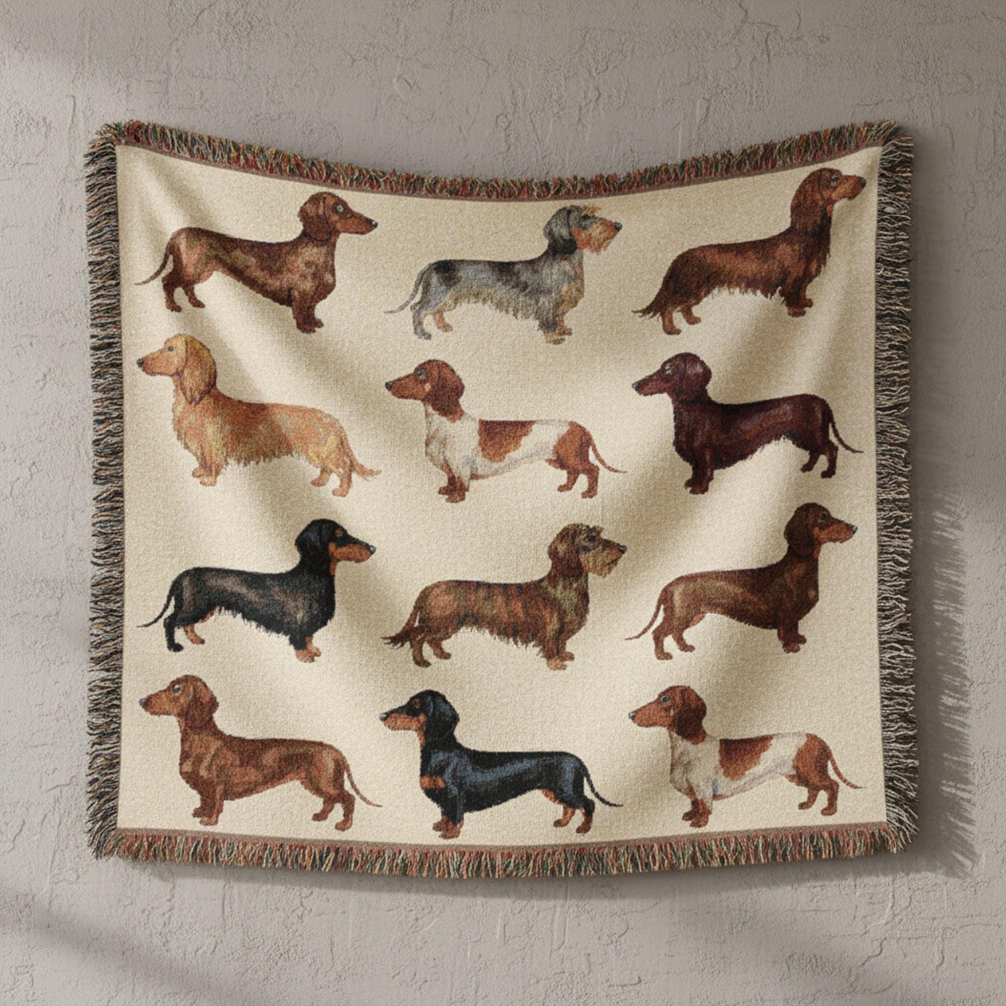 Dachshund Woven Blanket: Dog Breed Grid Design, Multicolor Throw, Decorative Pet Lover Tapestry