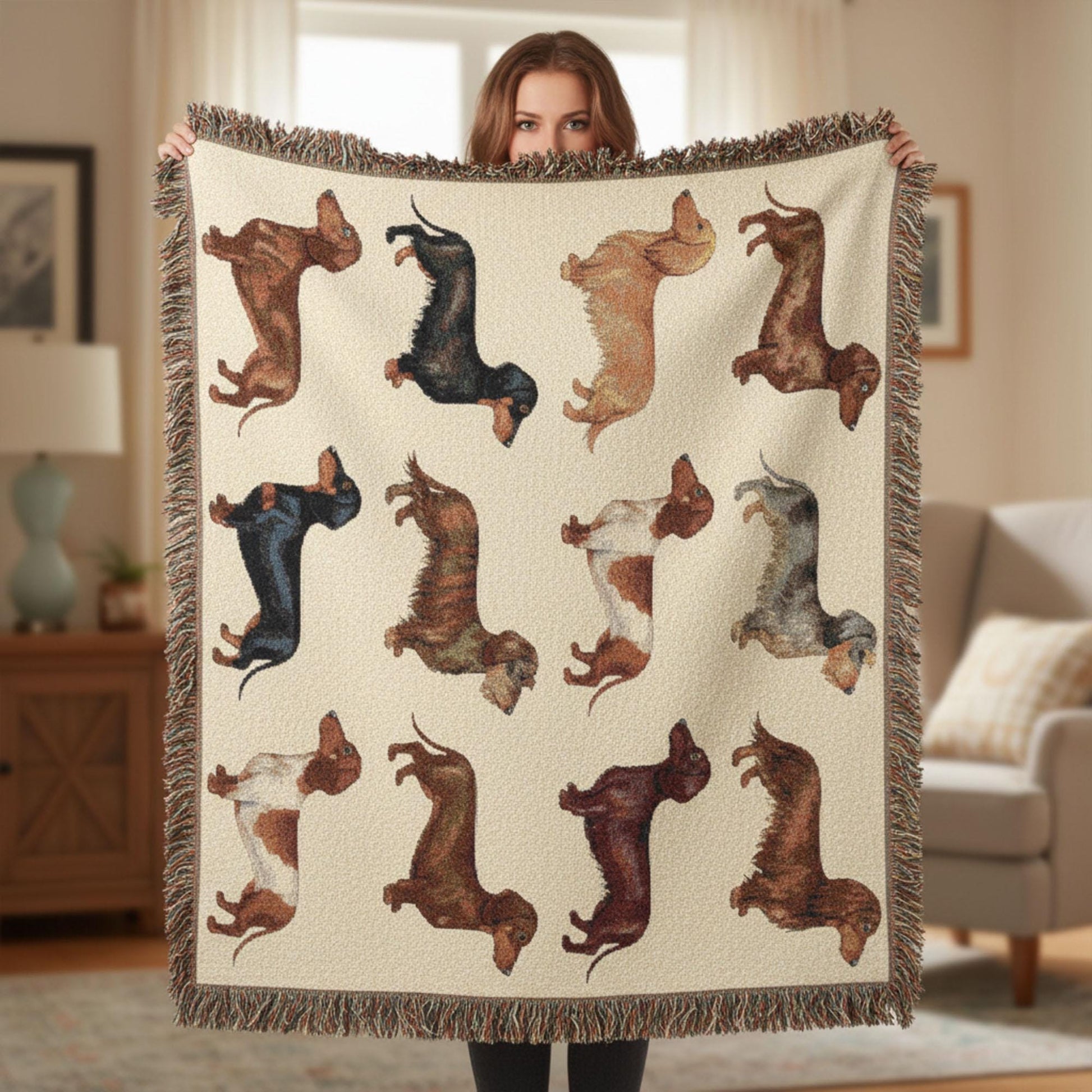 Dachshund Woven Blanket: Dog Breed Grid Design, Multicolor Throw, Decorative Pet Lover Tapestry