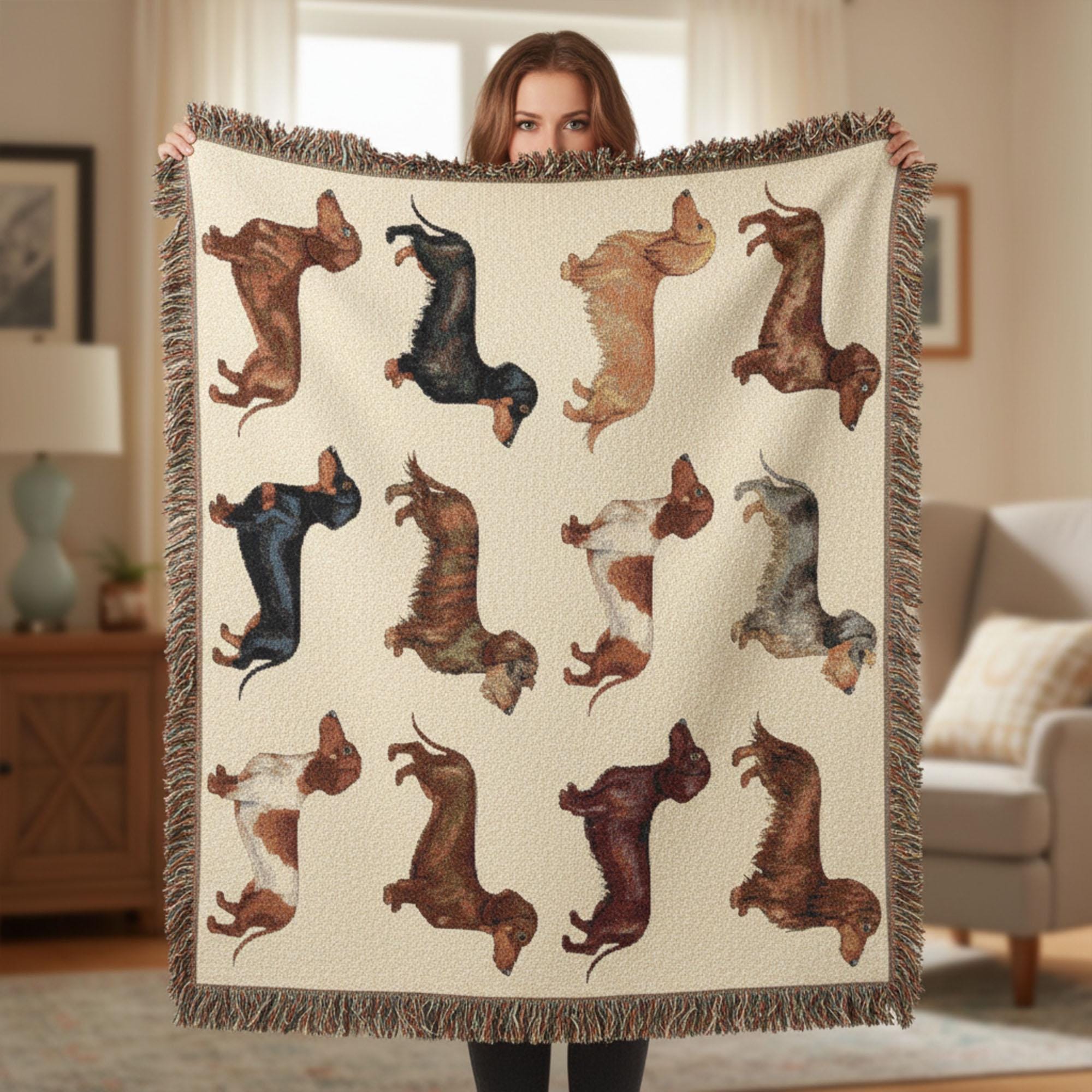 Dachshund Woven Blanket: Dog Breed Grid Design, Multicolor Throw, Decorative Pet Lover Tapestry