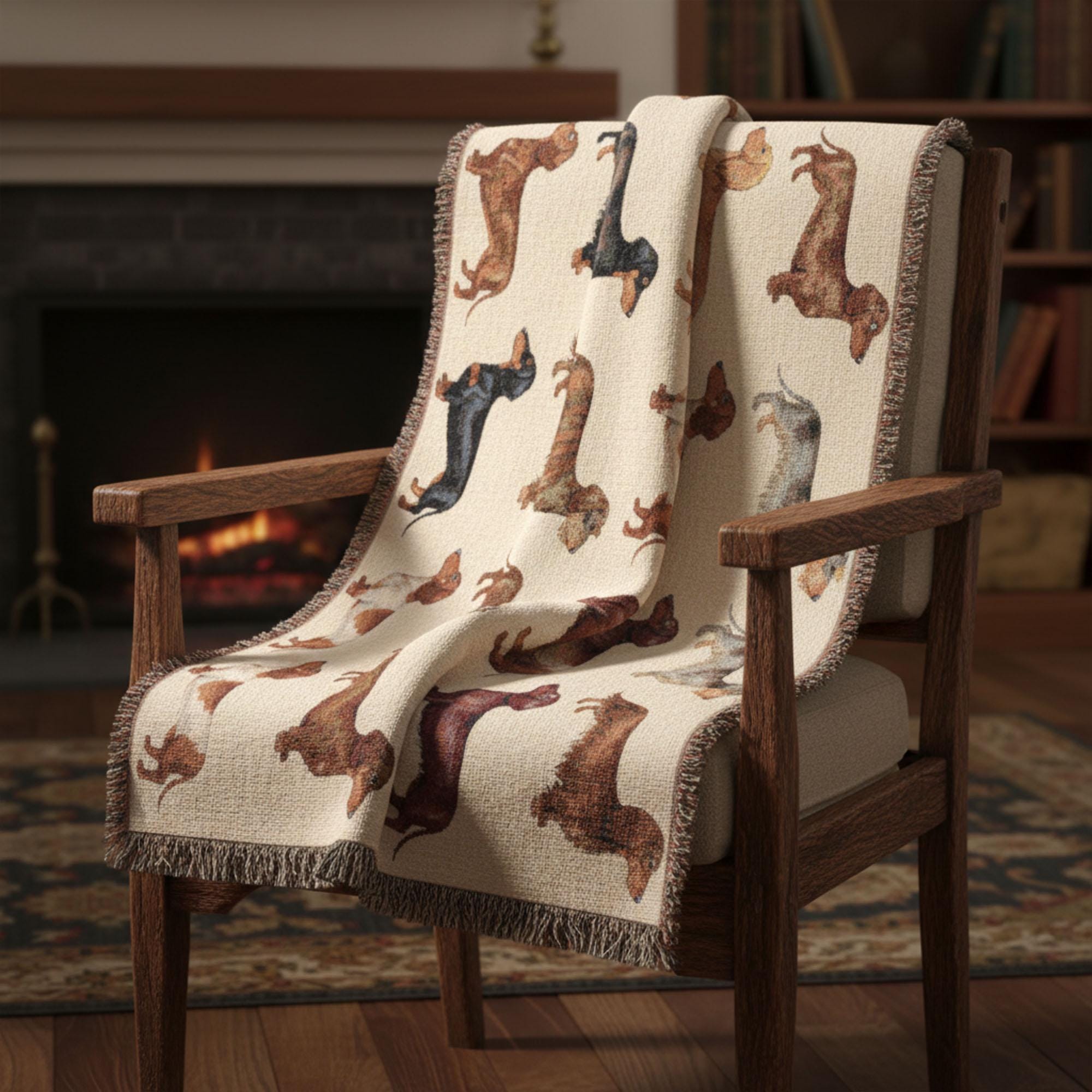 Dachshund Woven Blanket: Dog Breed Grid Design, Multicolor Throw, Decorative Pet Lover Tapestry