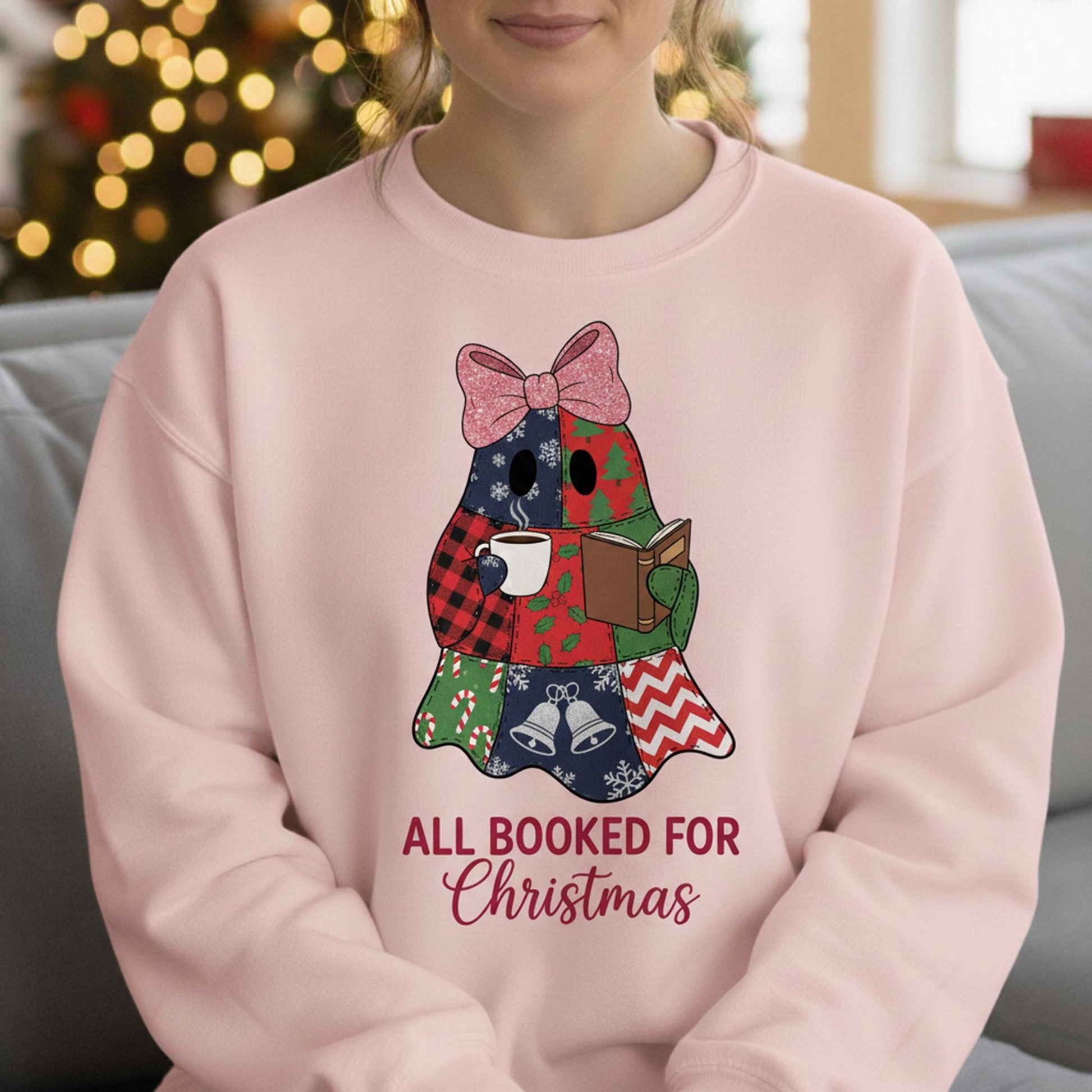 Patchwork Ghost Christmas Sweatshirt: Reading Book Crewneck