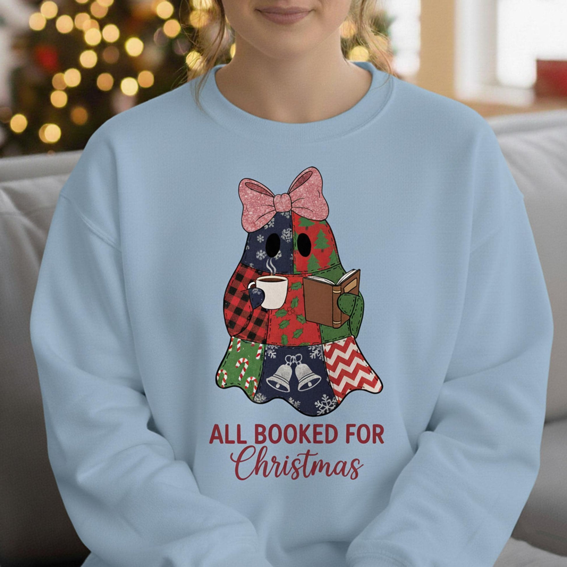 Patchwork Ghost Christmas Sweatshirt: Reading Book Crewneck