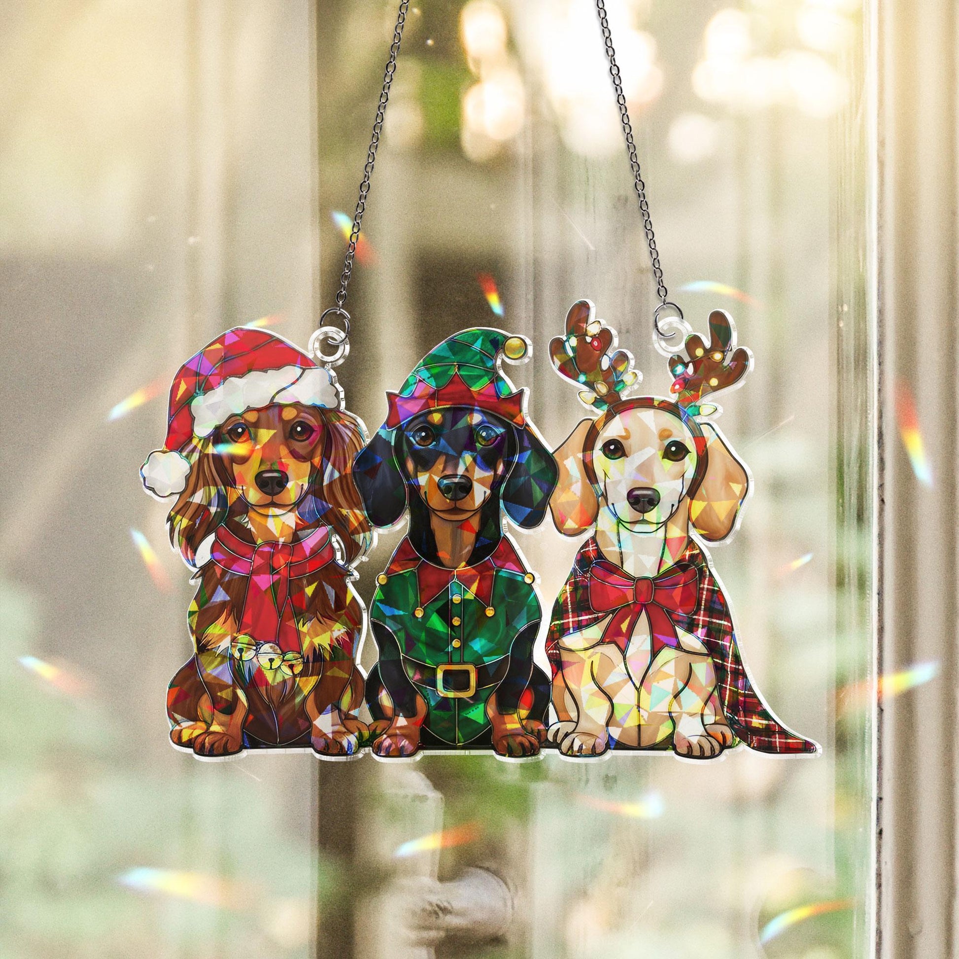 Holographic Dachshund Window Hanging: Acrylic Christmas Dog, Suncatcher Decor