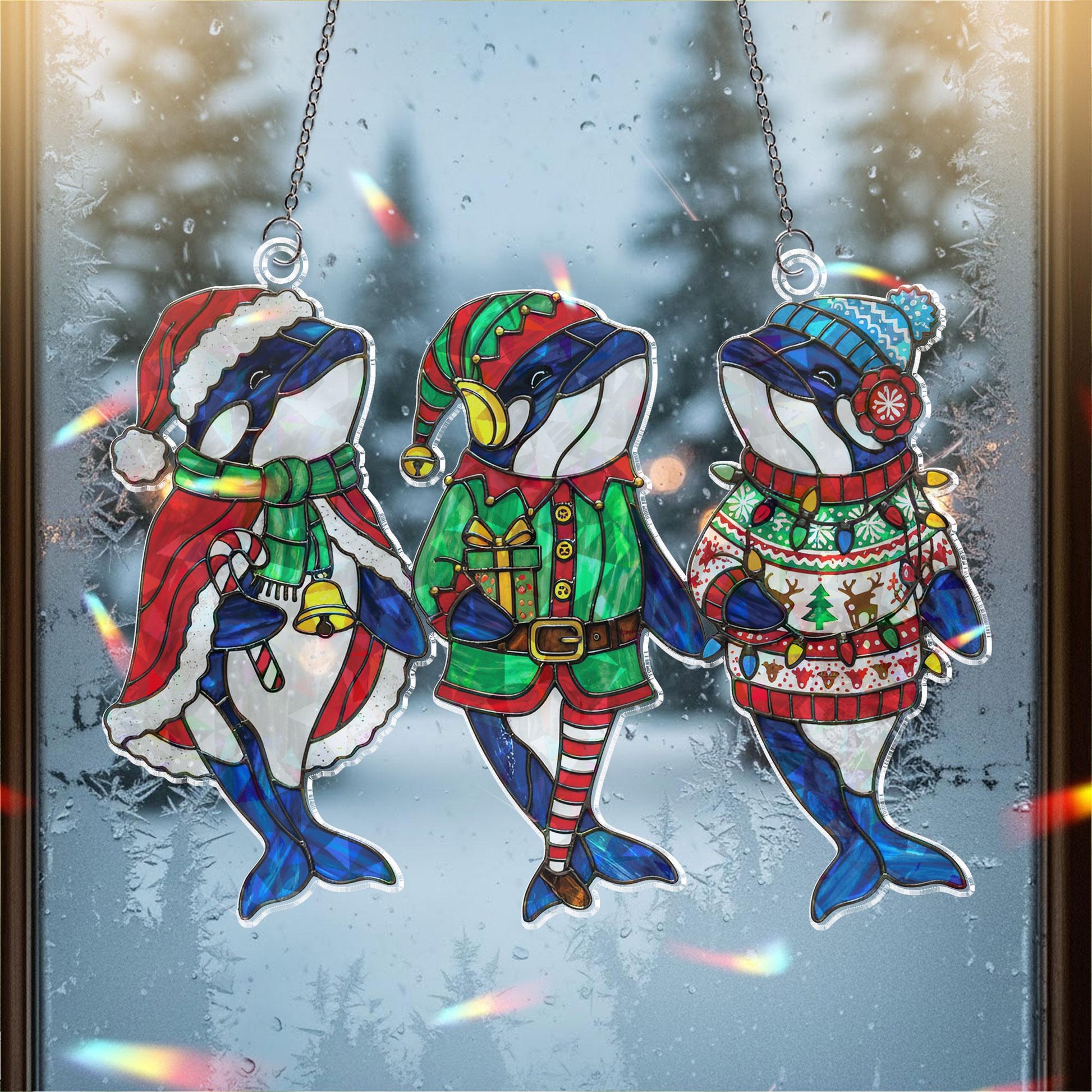 Hologram Acrylic Orca Christmas Suncatcher Trio: Holiday Window Decor