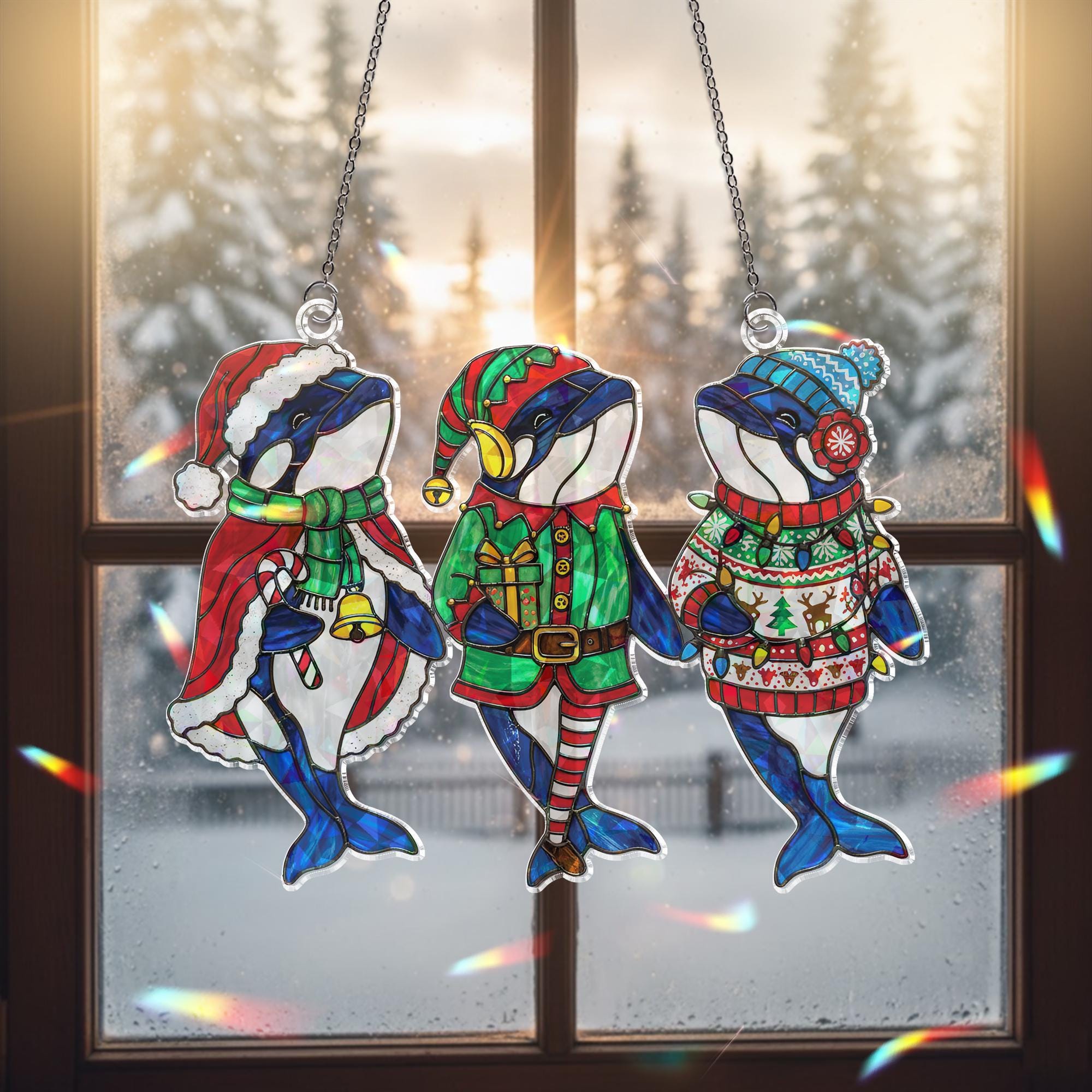 Hologram Acrylic Orca Christmas Suncatcher Trio: Holiday Window Decor