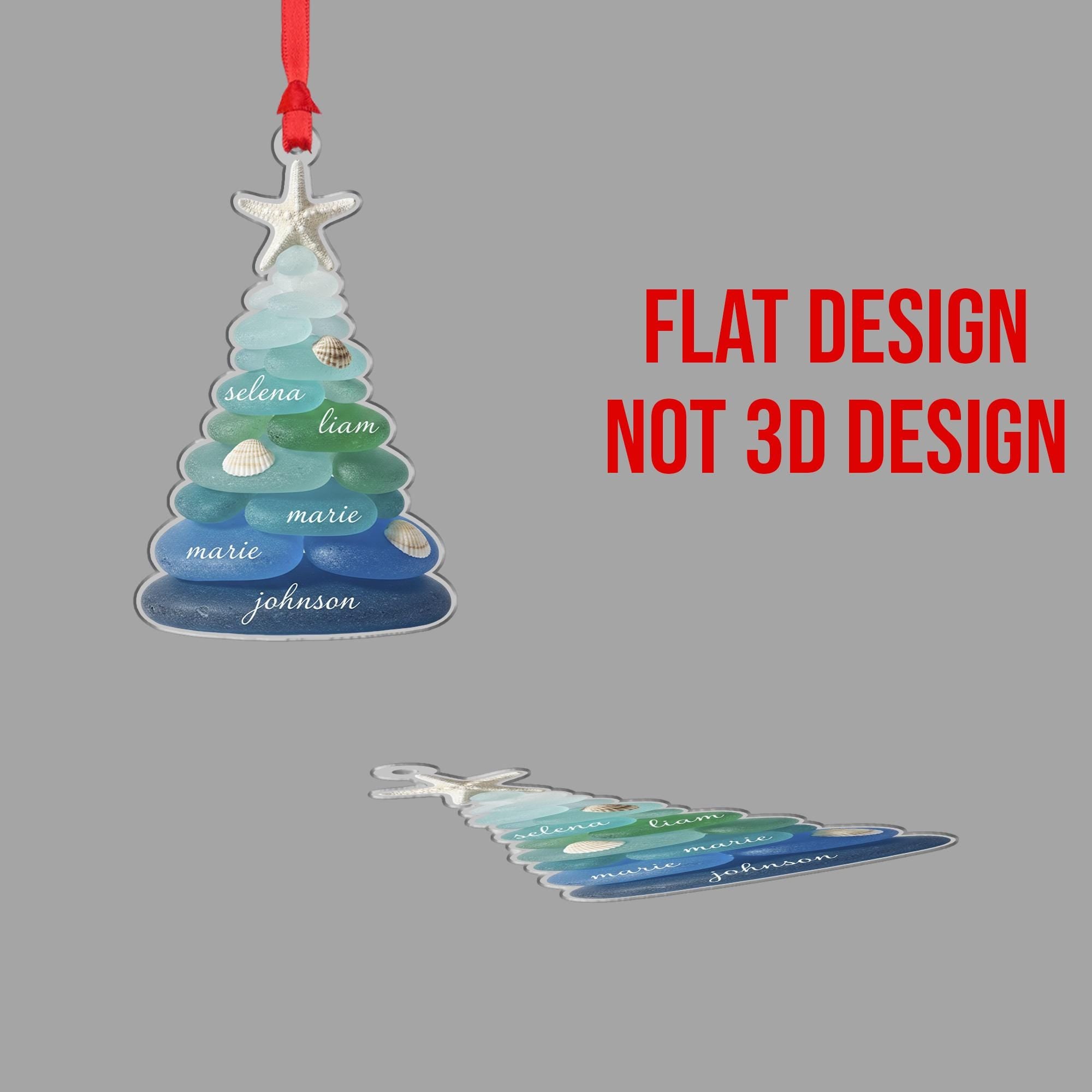 Custom Sea Glass Tree Flat Ornament Acrylic Family Name Christmas Decoration