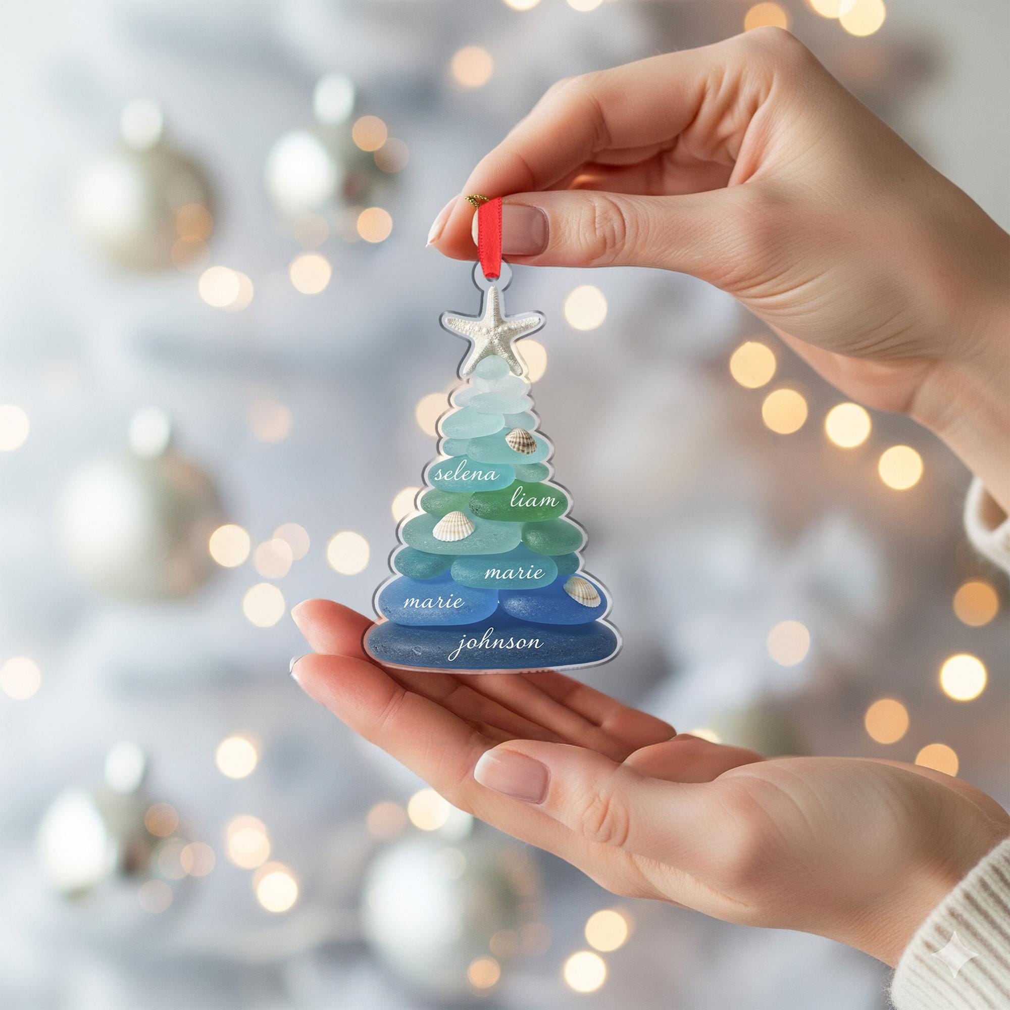 Custom Sea Glass Tree Flat Ornament Acrylic Family Name Christmas Decoration