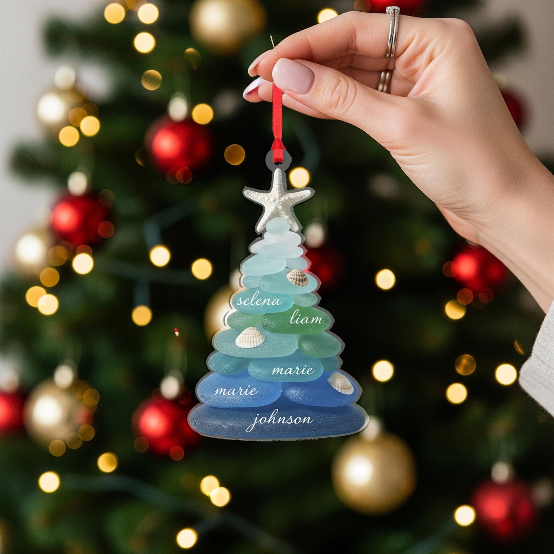 Custom Sea Glass Tree Flat Ornament Acrylic Family Name Christmas Decoration