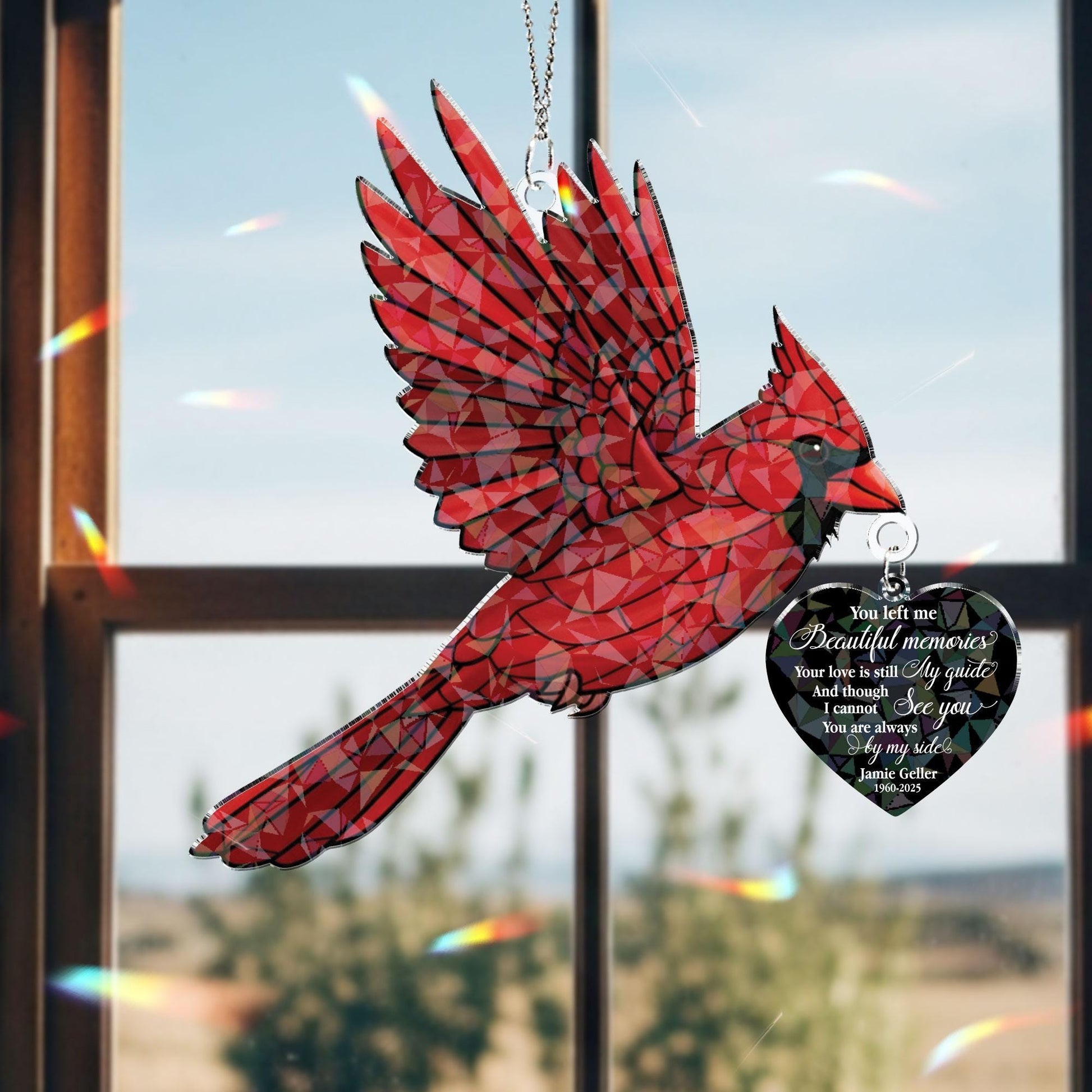 Personalized Hologram Cardinal Window Hanging Ornament with Charm