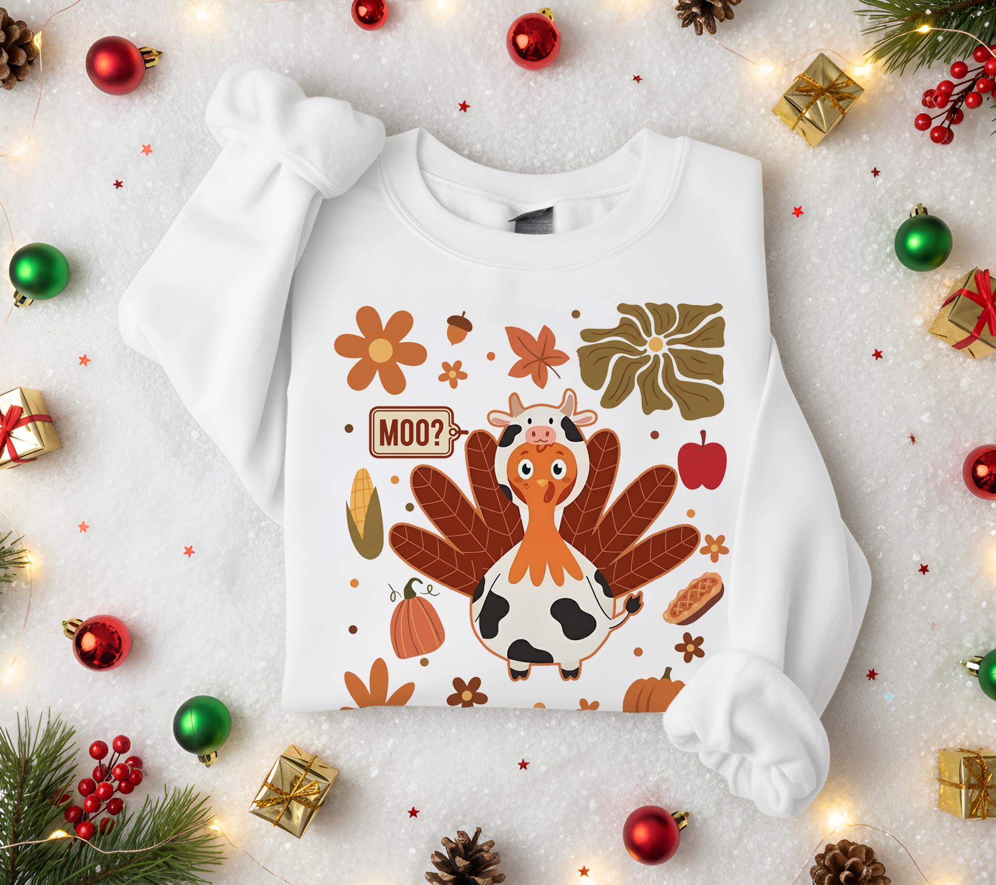 Funny Turkey in Cow Costume Sweatshirt - Retro Thanksgiving Pullover