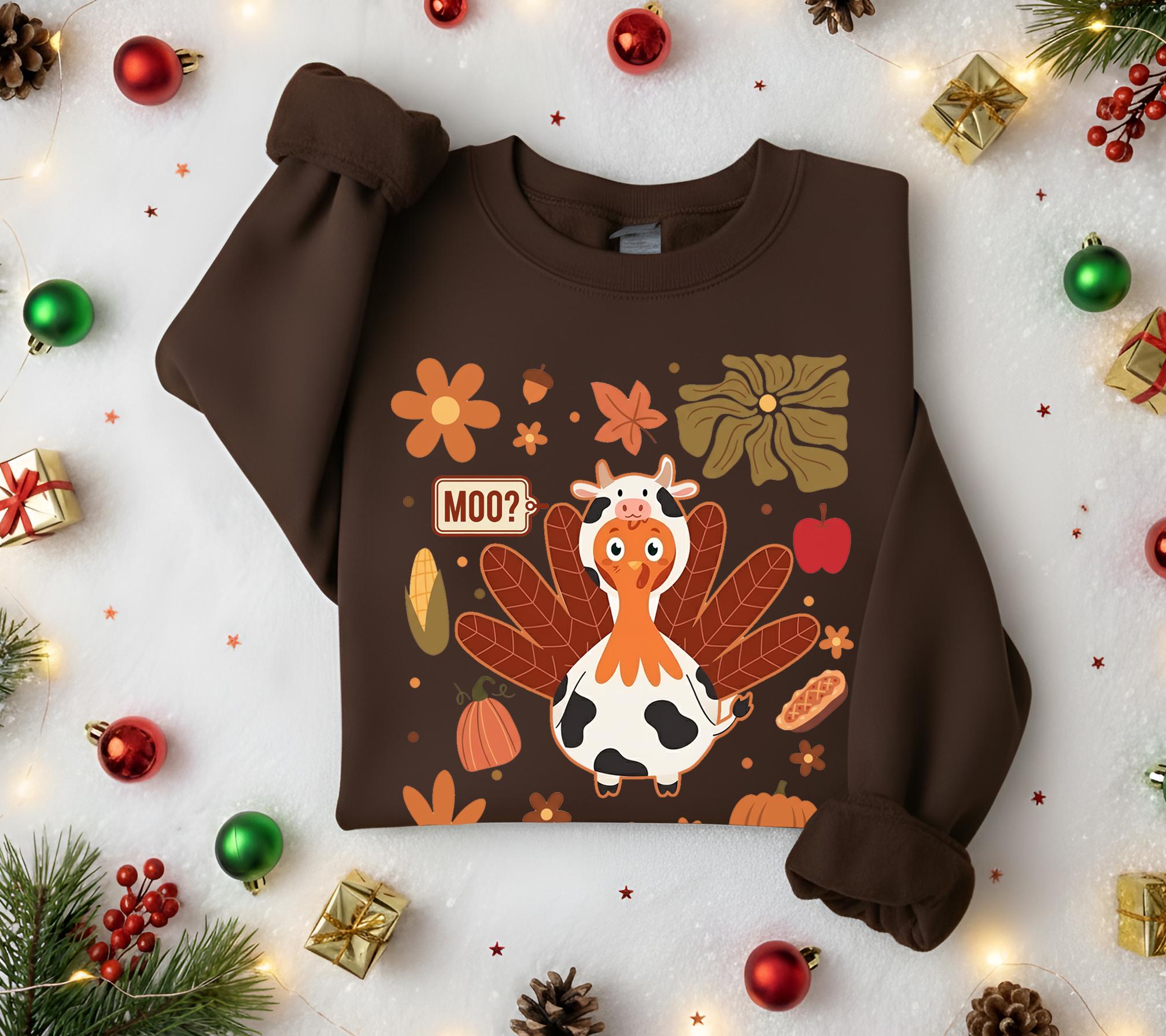Funny Turkey in Cow Costume Sweatshirt - Retro Thanksgiving Pullover