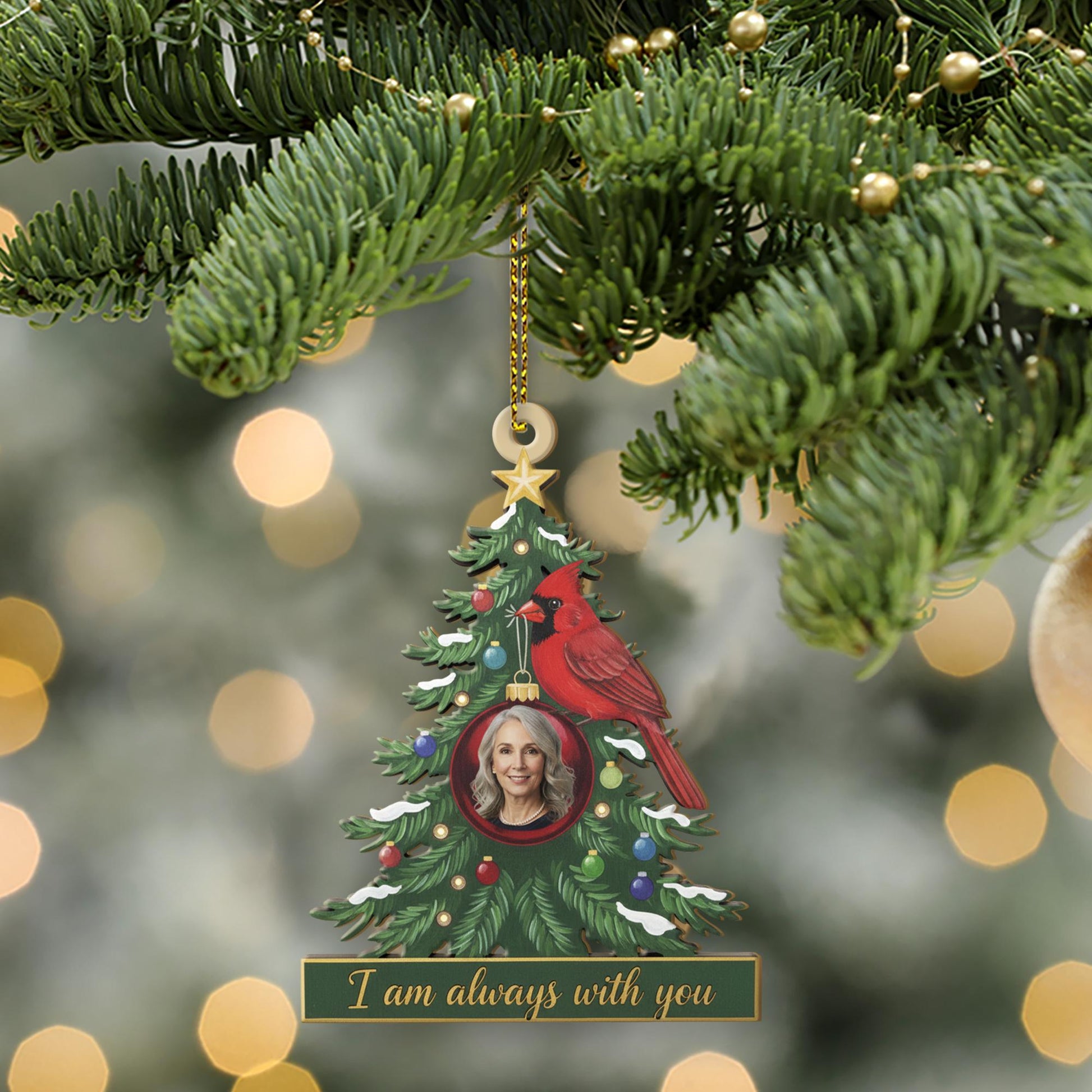 Wood Christmas Tree Ornament with Cardinal and Photo Frame – Personalized Memorial Keepsake Decoration