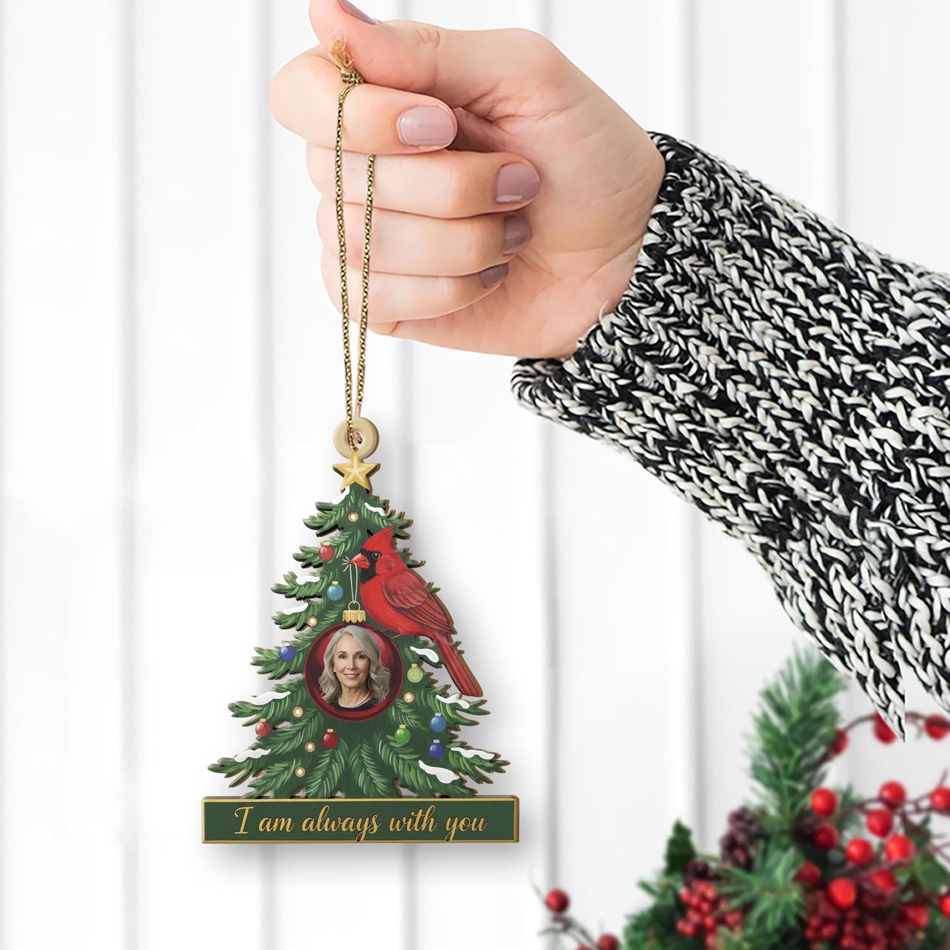 Wood Christmas Tree Ornament with Cardinal and Photo Frame – Personalized Memorial Keepsake Decoration