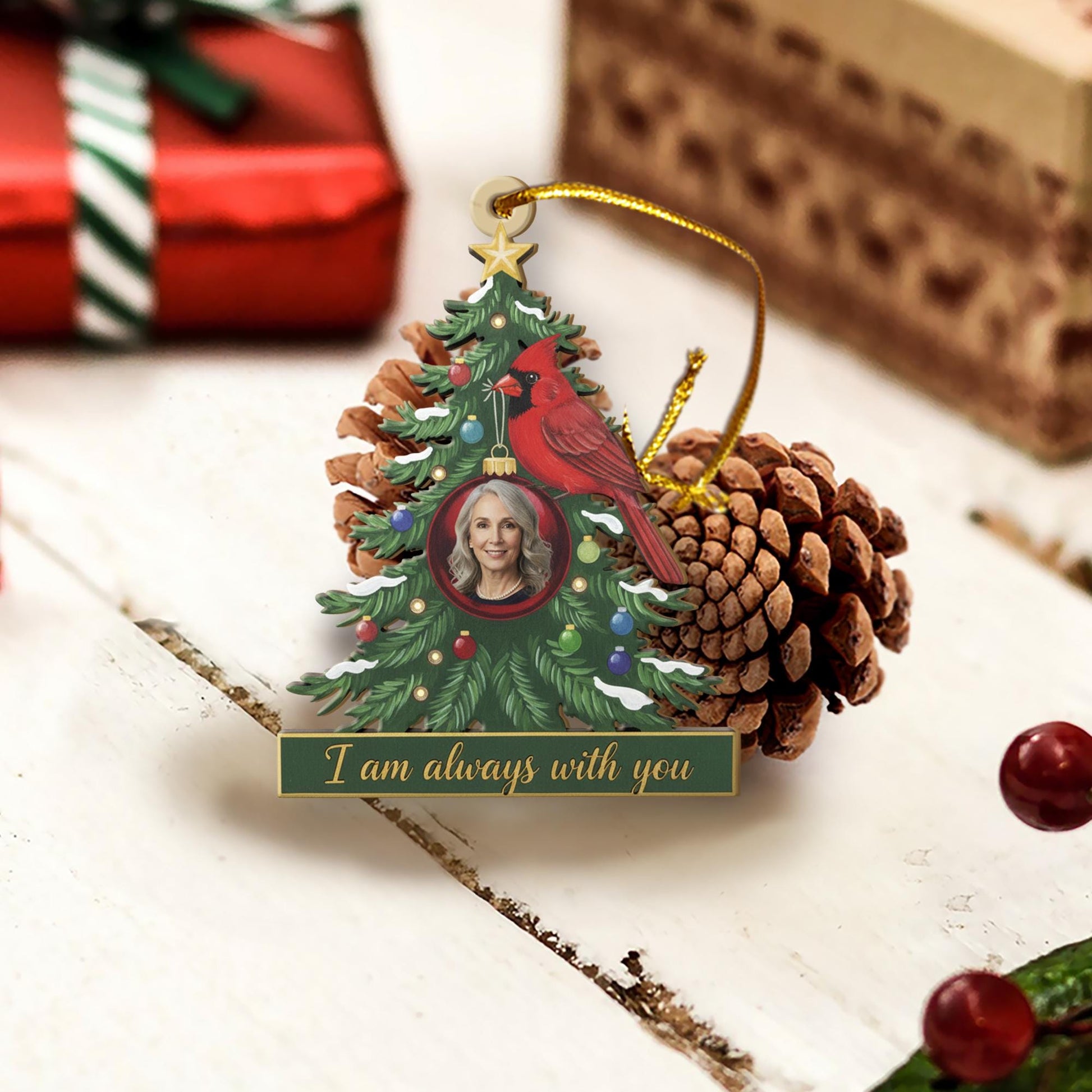 Wood Christmas Tree Ornament with Cardinal and Photo Frame – Personalized Memorial Keepsake Decoration