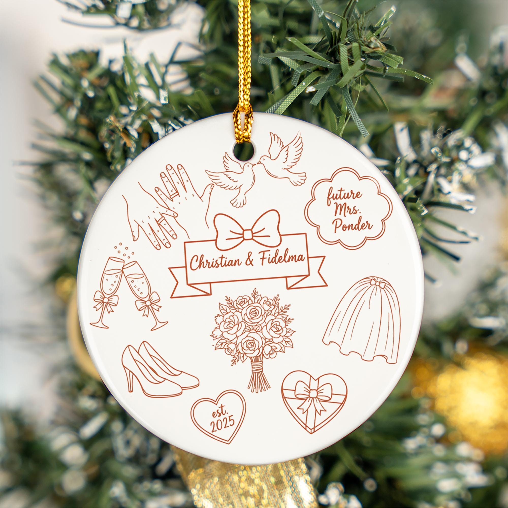 Personalized Ceramic Wedding Ornament – Custom Couple Name Keepsake with Doves and Floral Design