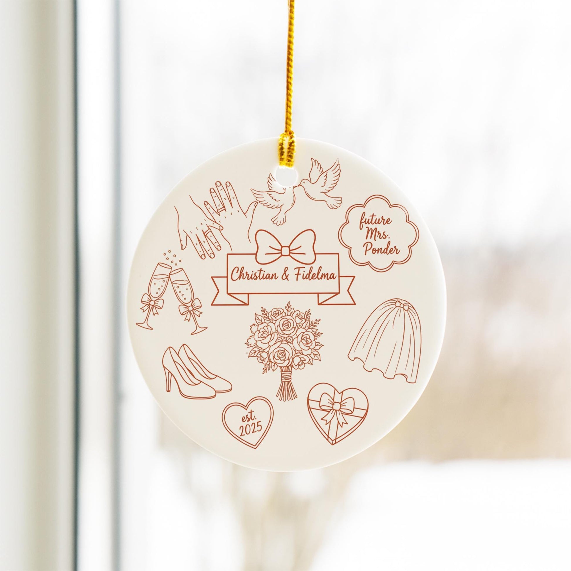 Personalized Ceramic Wedding Ornament – Custom Couple Name Keepsake with Doves and Floral Design