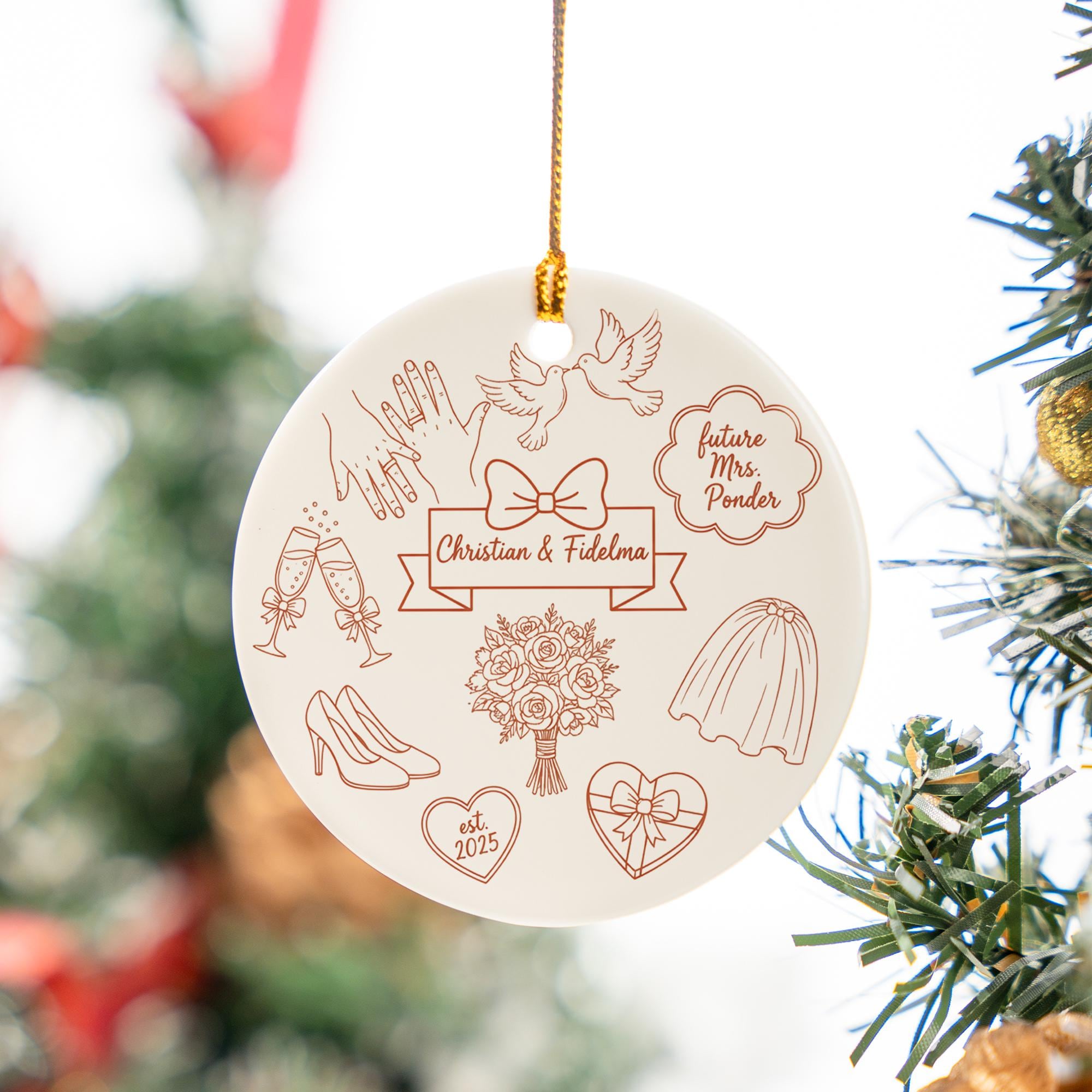 Personalized Ceramic Wedding Ornament – Custom Couple Name Keepsake with Doves and Floral Design