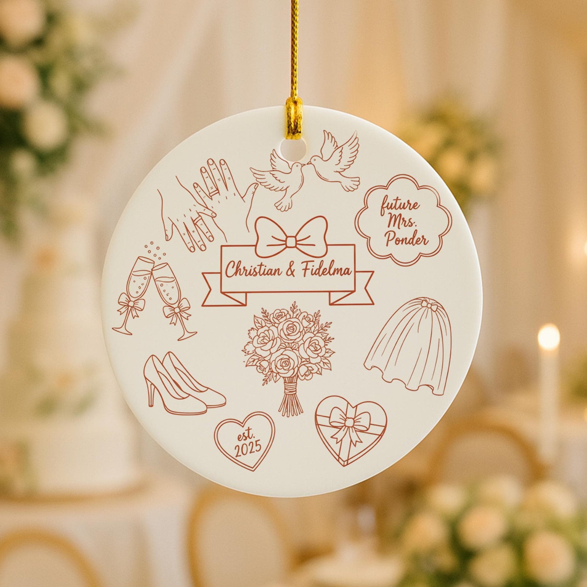 Personalized Ceramic Wedding Ornament – Custom Couple Name Keepsake with Doves and Floral Design