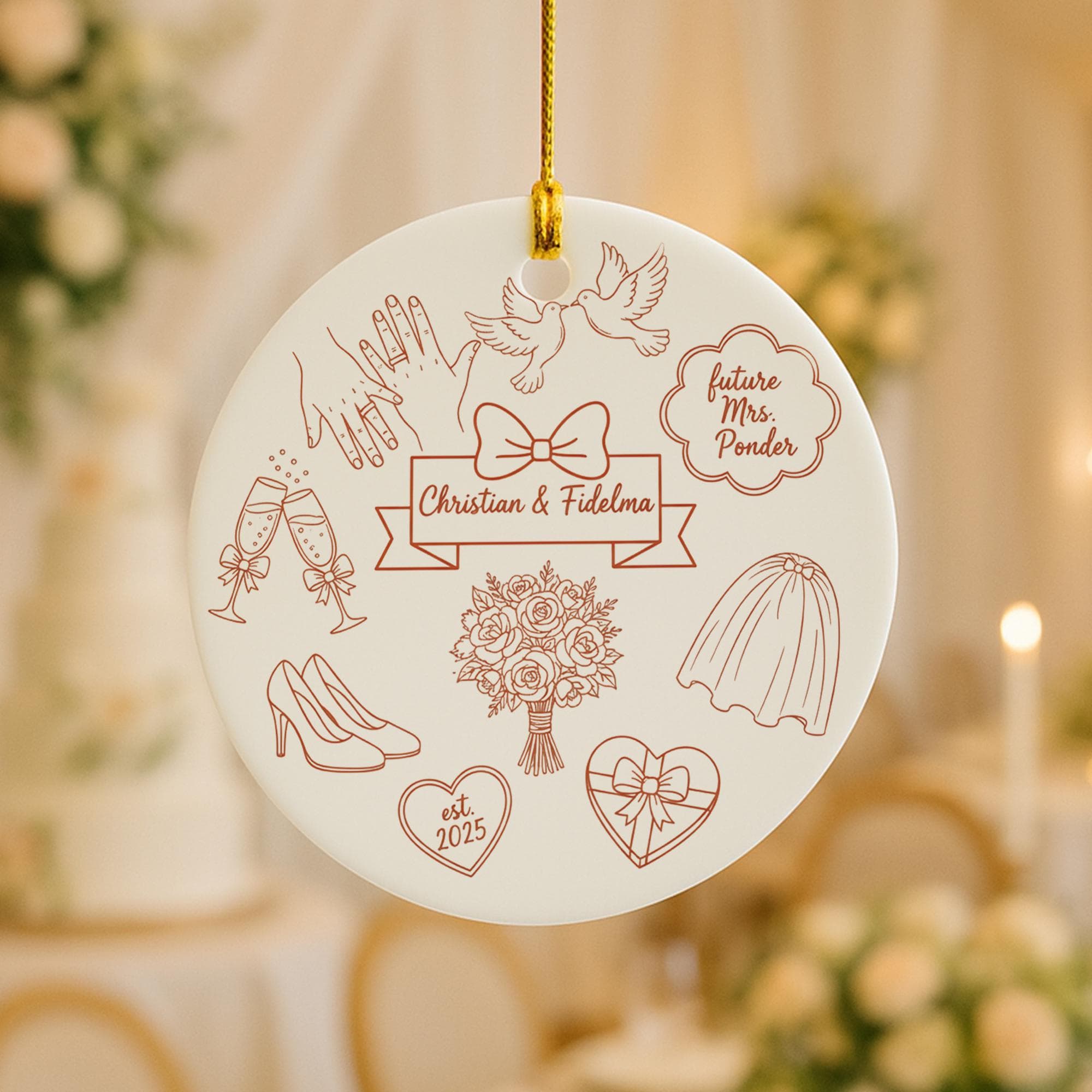 Personalized Ceramic Wedding Ornament – Custom Couple Name Keepsake with Doves and Floral Design