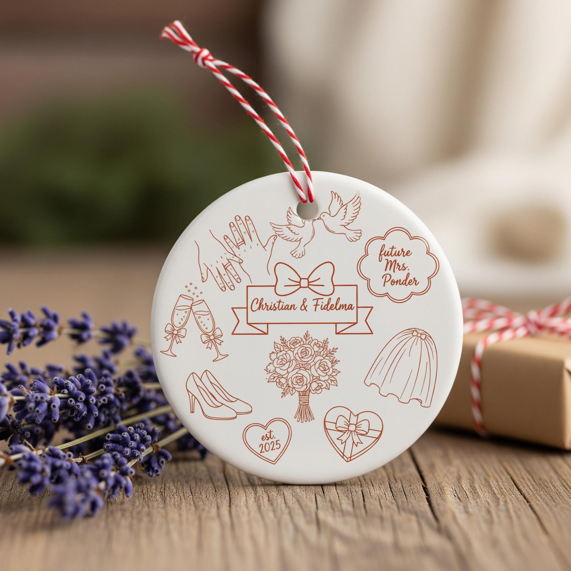Personalized Ceramic Wedding Ornament – Custom Couple Name Keepsake with Doves and Floral Design