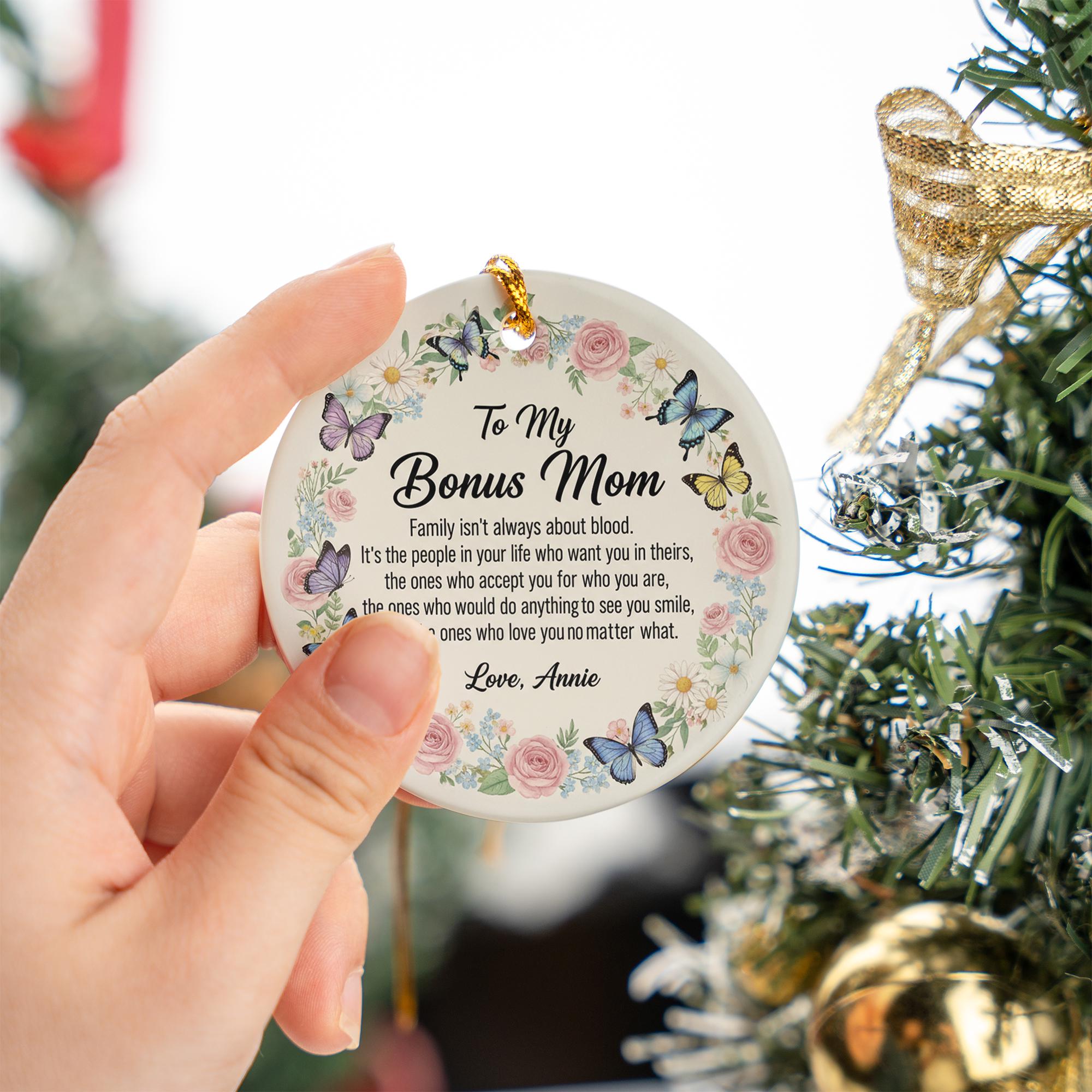 Personalized Ceramic Ornament – Bonus Mom Quote Keepsake with Floral and Butterfly Design