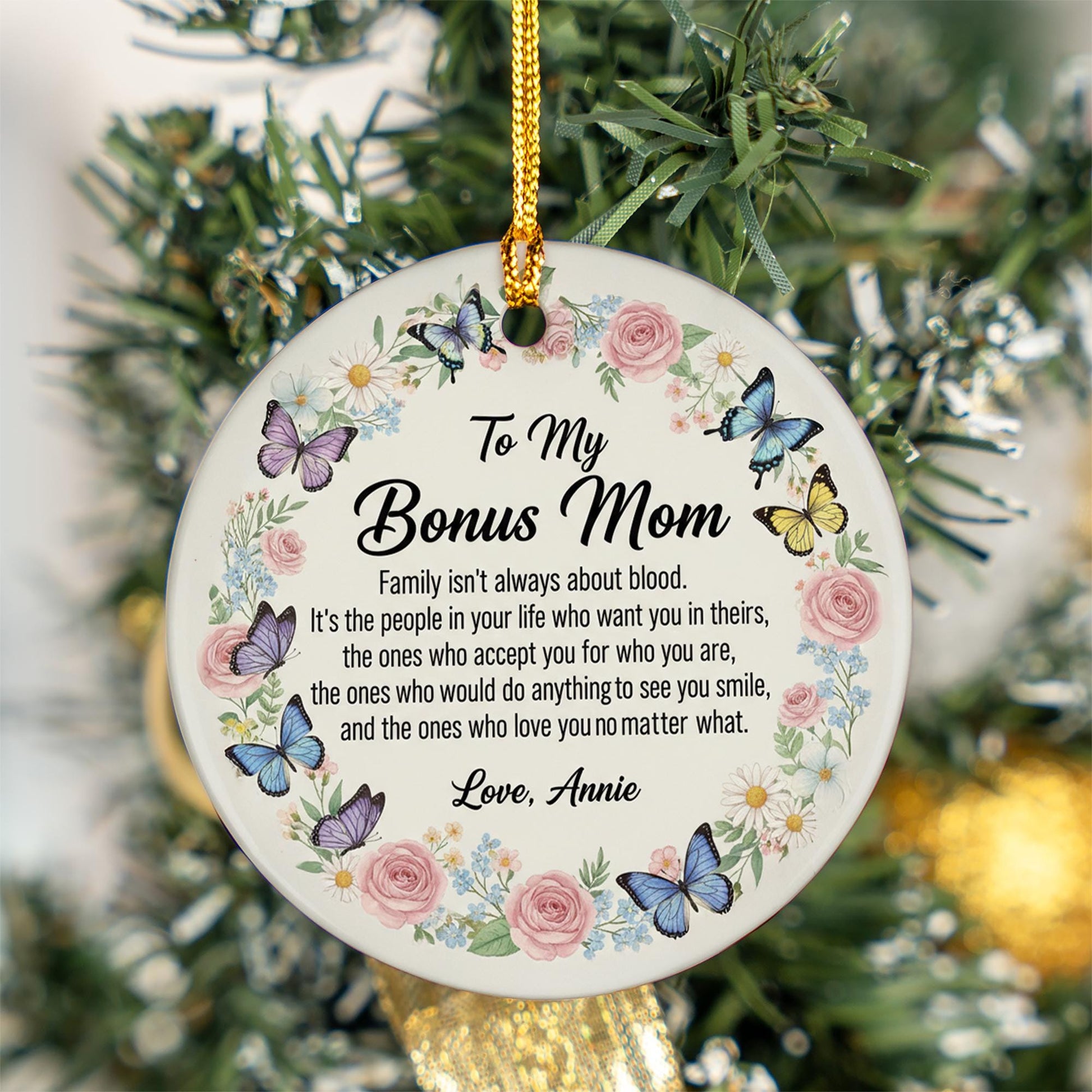 Personalized Ceramic Ornament – Bonus Mom Quote Keepsake with Floral and Butterfly Design
