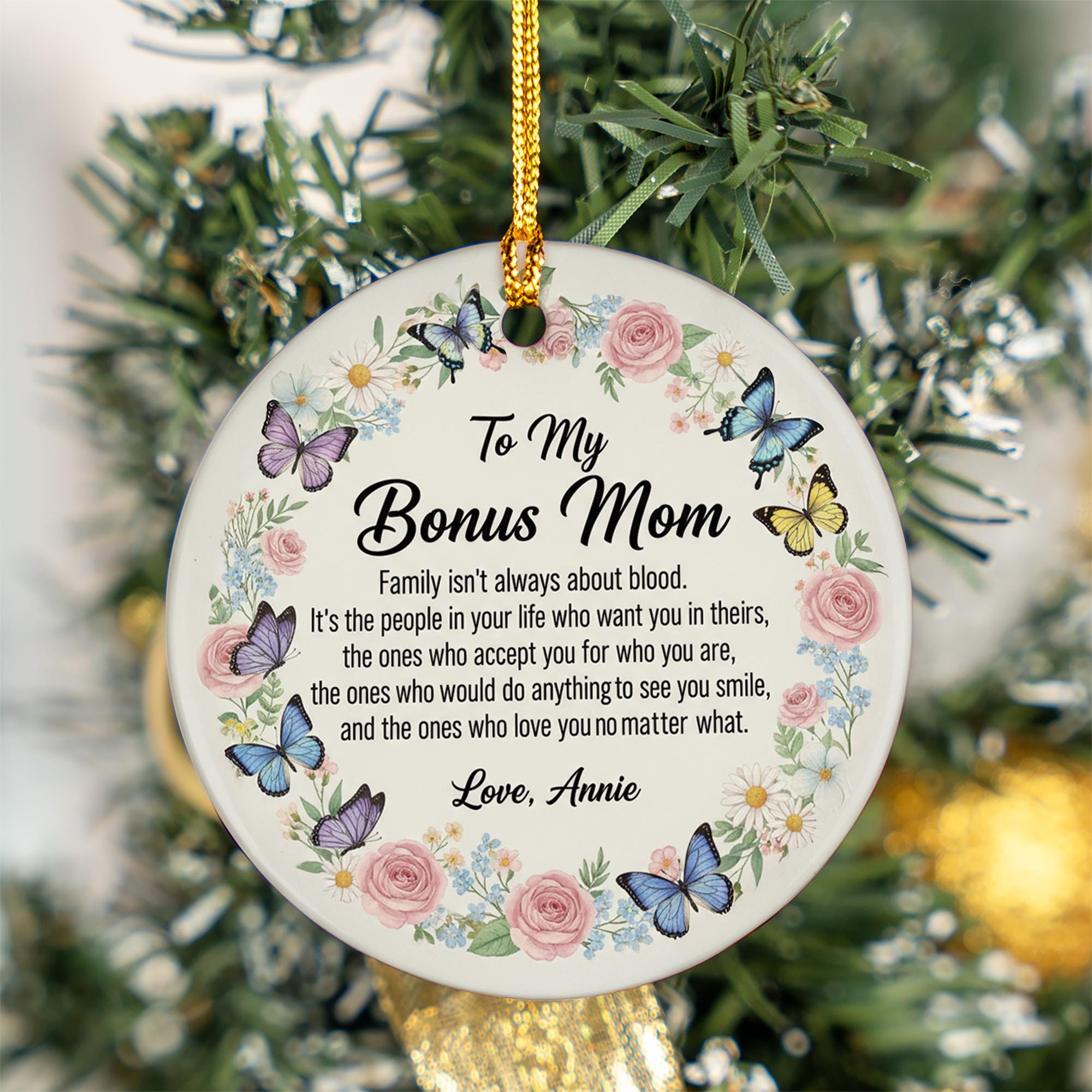 Personalized Ceramic Ornament – Bonus Mom Quote Keepsake with Floral and Butterfly Design