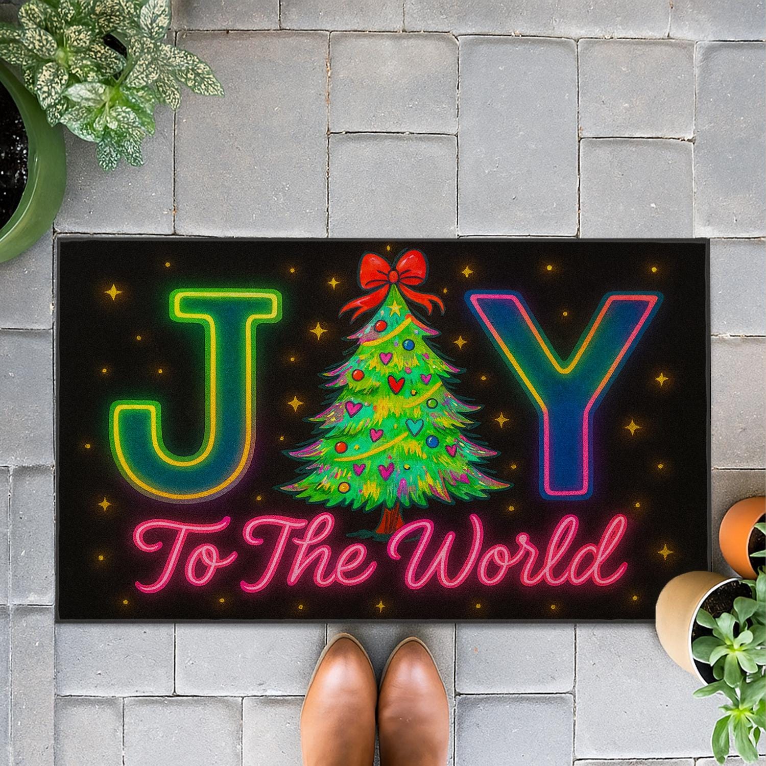 Neon Christmas Tree Doormat: Joy To The World Holiday Decor