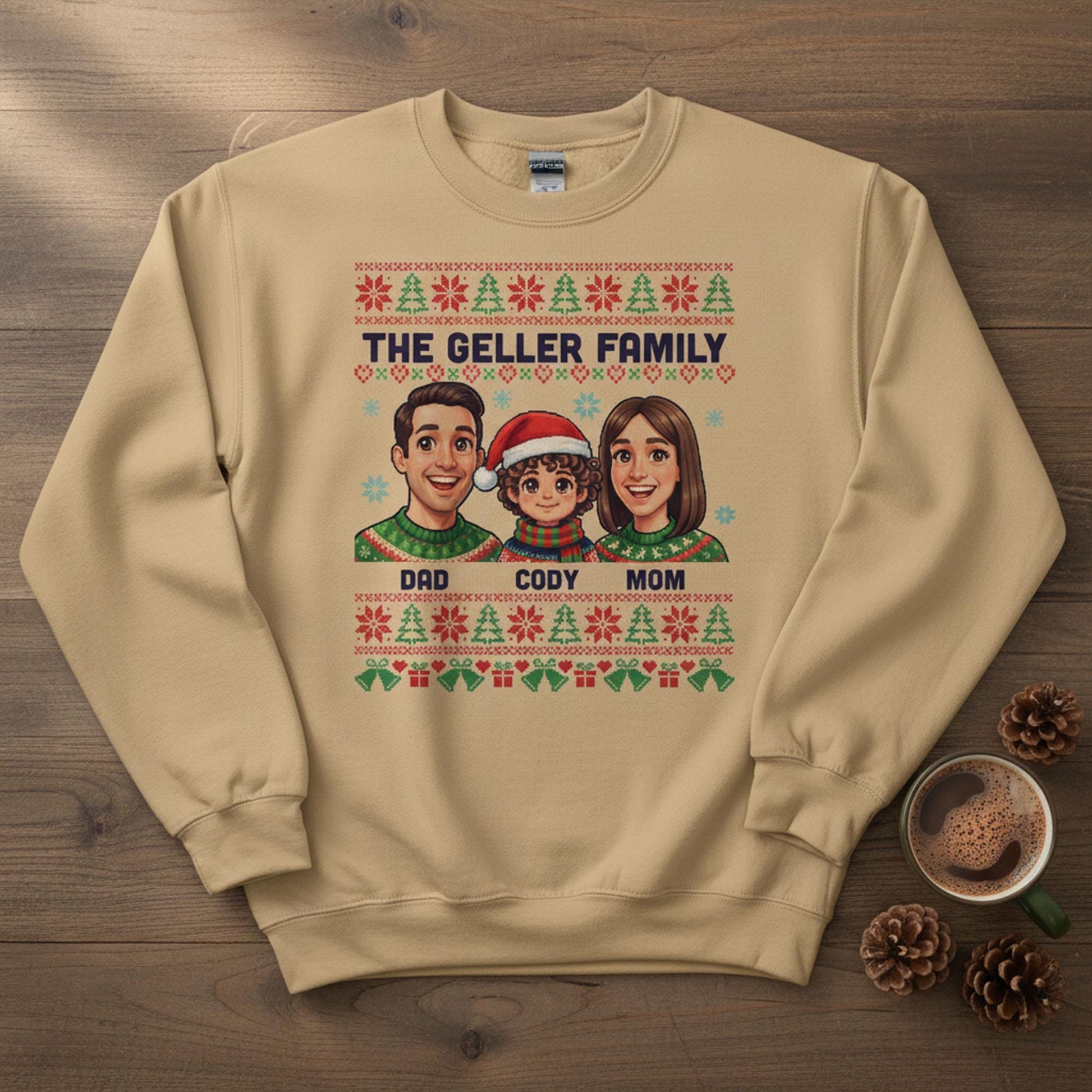 Custom Family Sweatshirt: Ugly Sweater Pattern Pullover, Personalized Cartoon Portrait, Holiday Matching Apparel