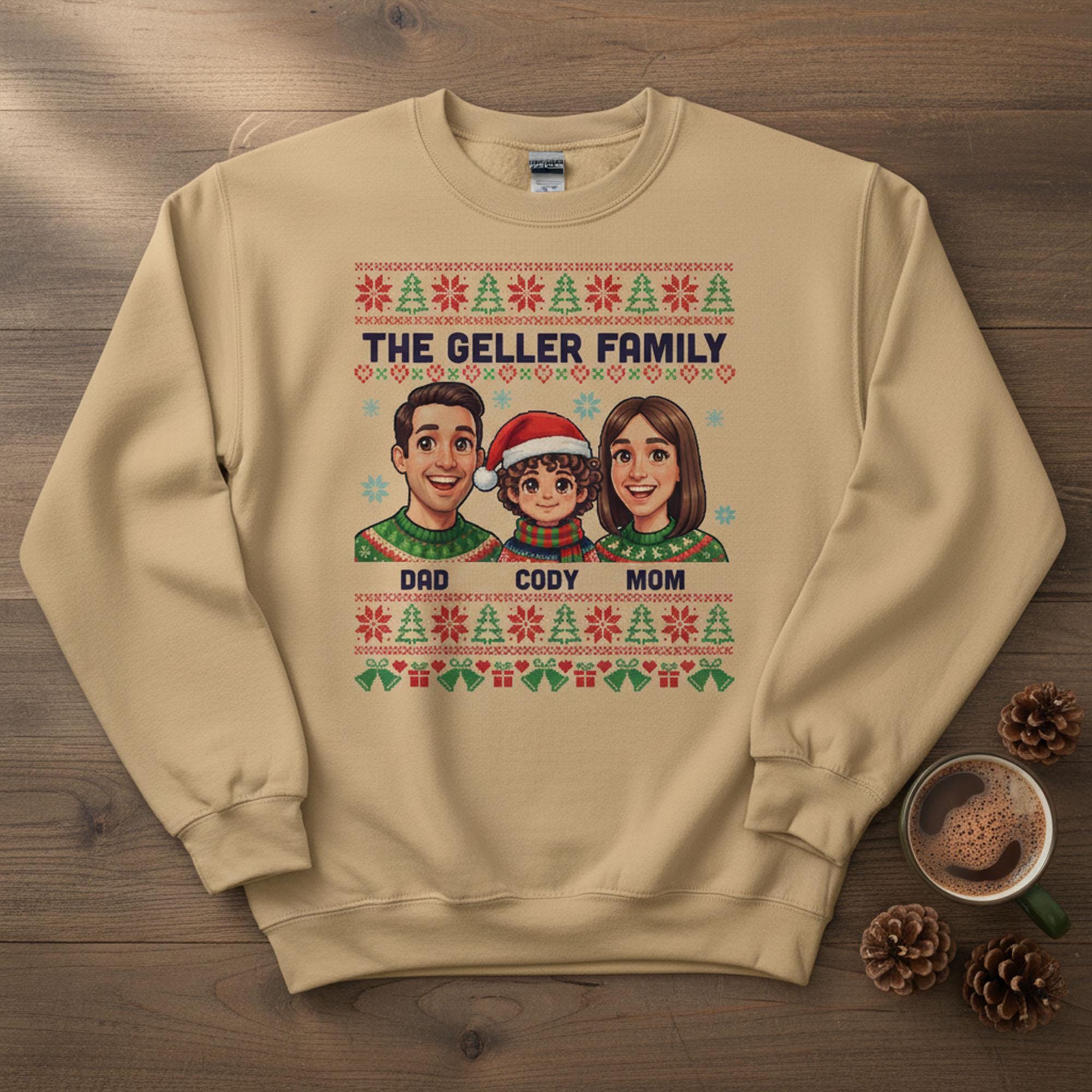 Custom Family Sweatshirt: Ugly Sweater Pattern Pullover, Personalized Cartoon Portrait, Holiday Matching Apparel