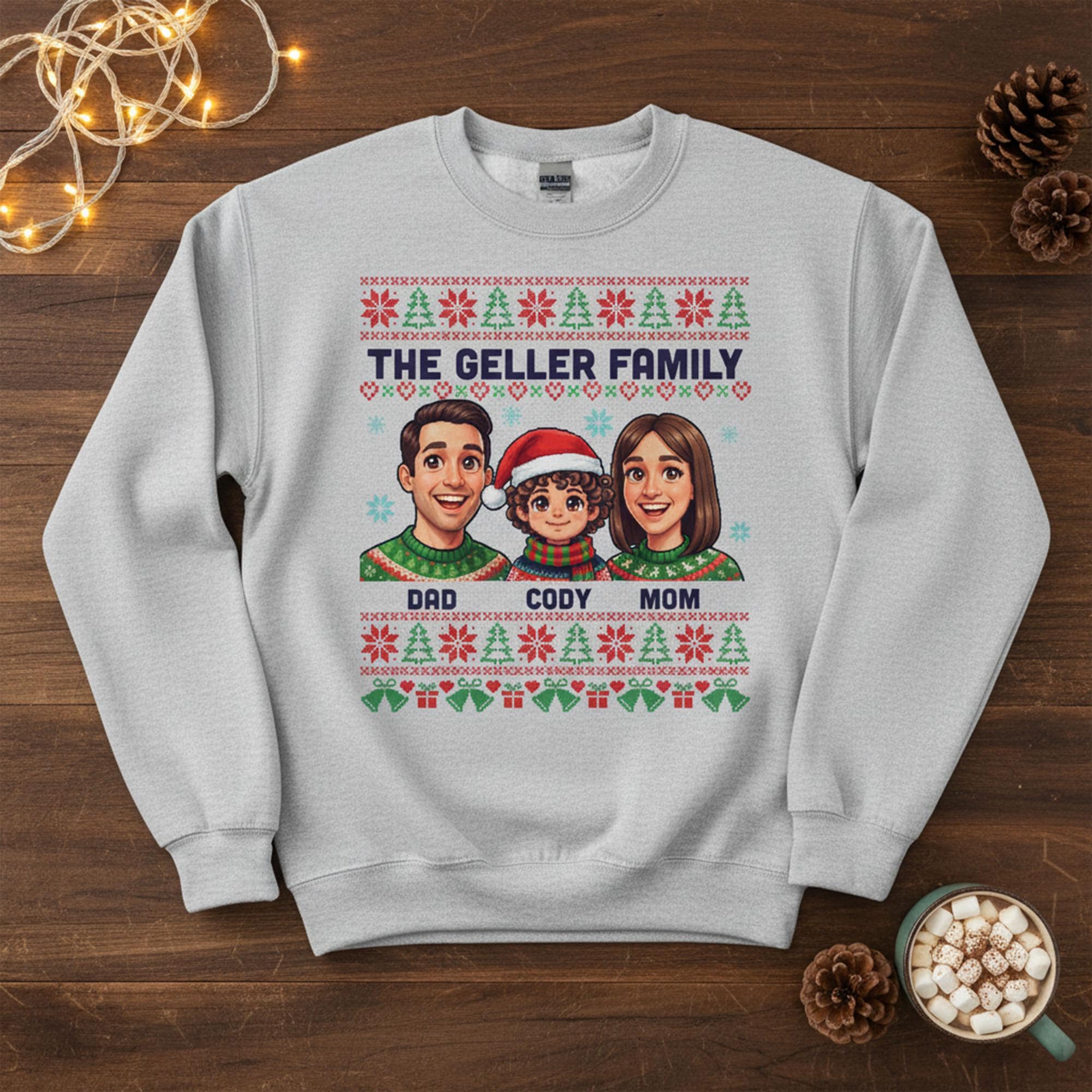Custom Family Sweatshirt: Ugly Sweater Pattern Pullover, Personalized Cartoon Portrait, Holiday Matching Apparel