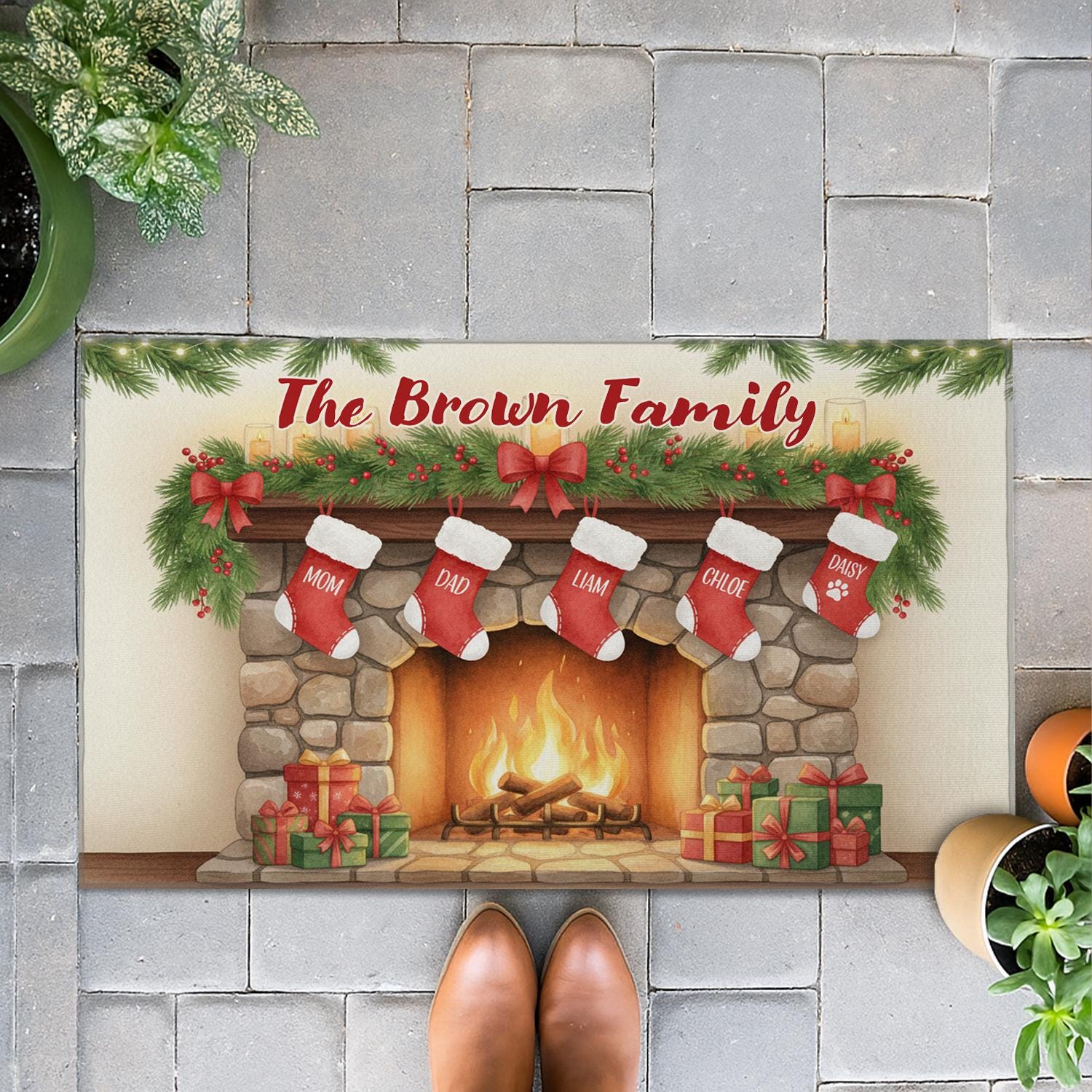 Christmas Doormat –Family Stockings & Fireplace Design, Non-Slip Back, Indoor Outdoor Holiday Mat