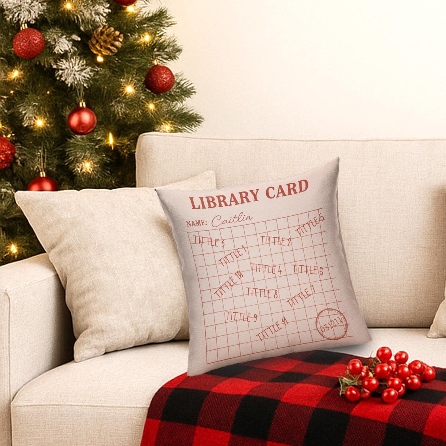 Personalized Library Card Pillow: Book Lover Reading Room Decor