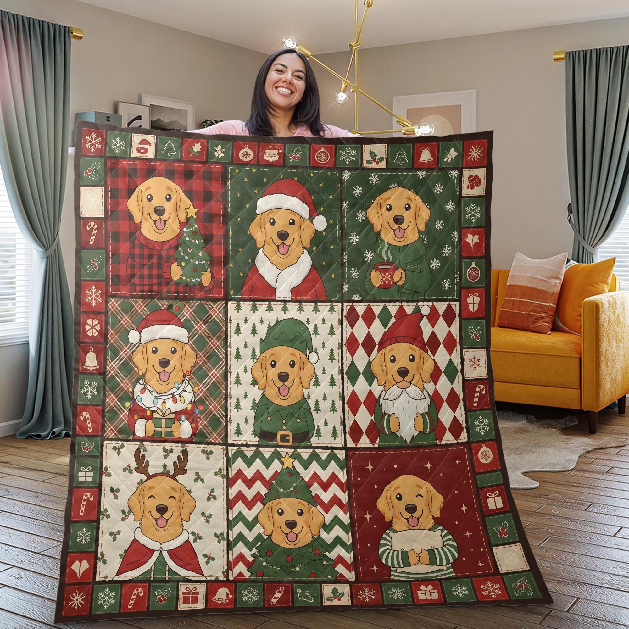 Golden Dog Christmas Quilt Blanket, Patchwork Puppy Print Throw, Holiday Bedspread