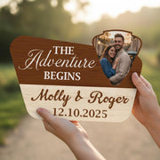 Custom Wedding Adventure Sign: 2025 Camping Couple Wood Door Hanger, Rustic Date Plaque