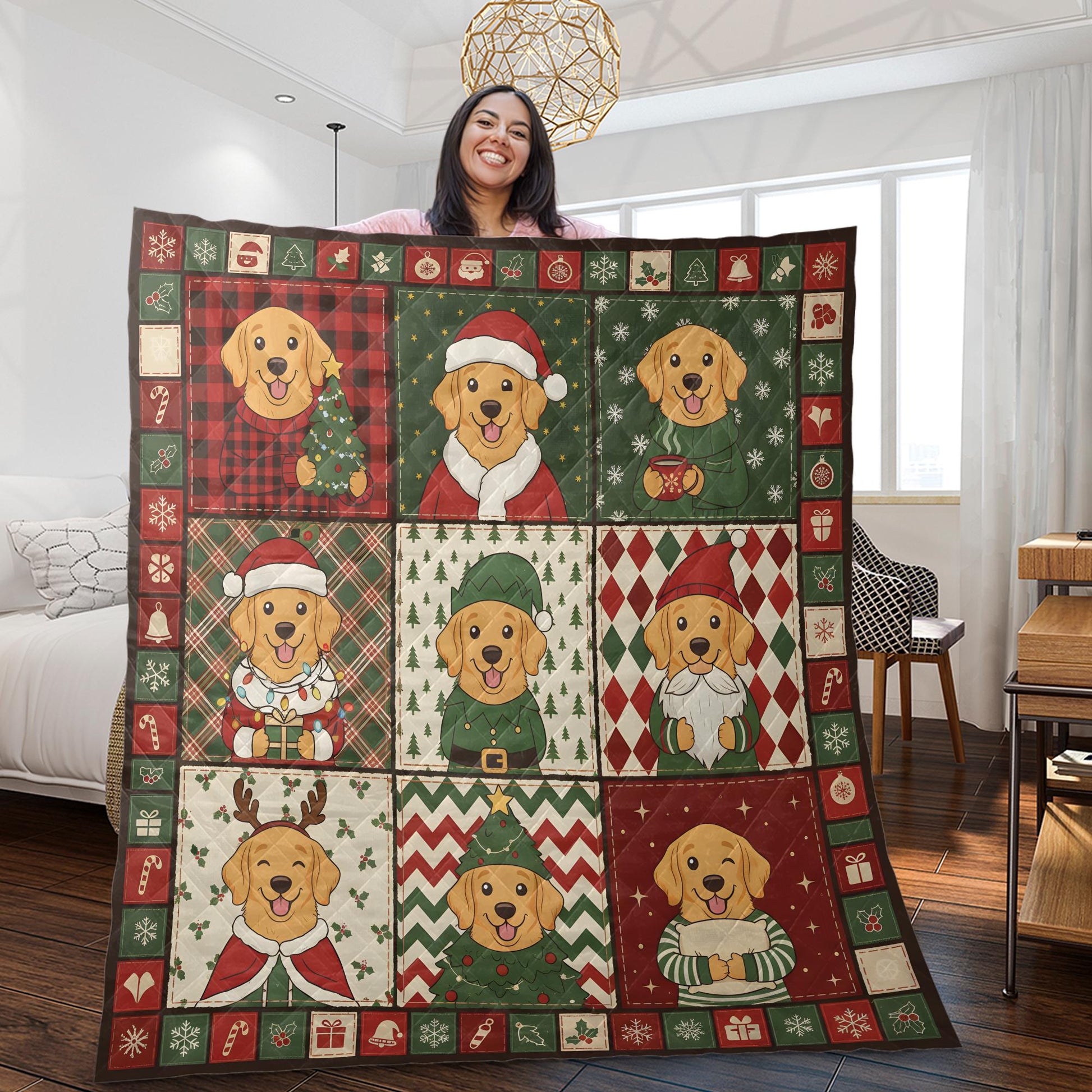 Golden Dog Christmas Quilt Blanket, Patchwork Puppy Print Throw, Holiday Bedspread