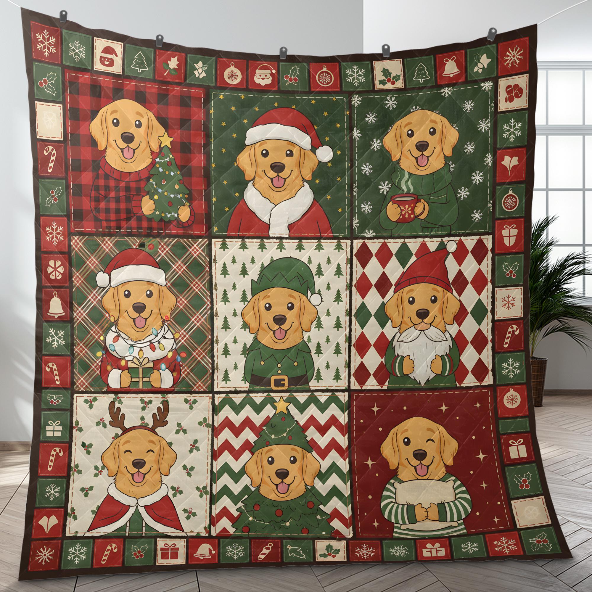 Golden Dog Christmas Quilt Blanket, Patchwork Puppy Print Throw, Holiday Bedspread