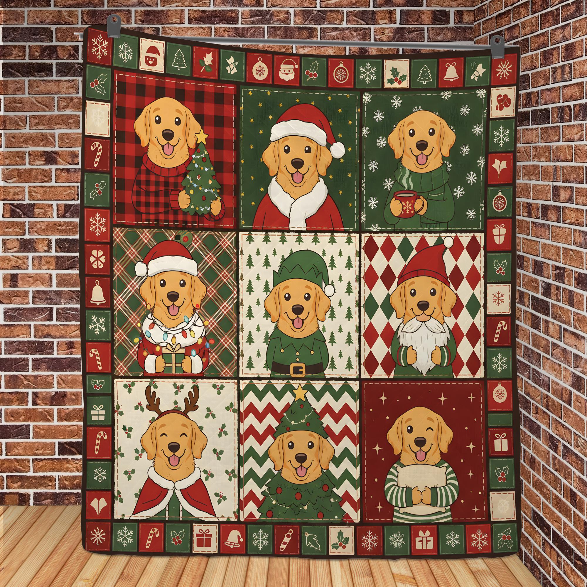 Golden Dog Christmas Quilt Blanket, Patchwork Puppy Print Throw, Holiday Bedspread