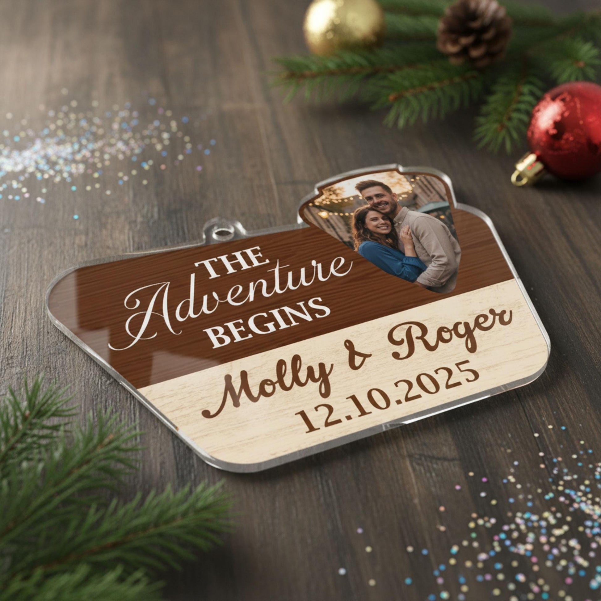 Custom Wedding Ornament 2025: Adventure Camping Couple Keepsake, Photo & Date Holiday Decor