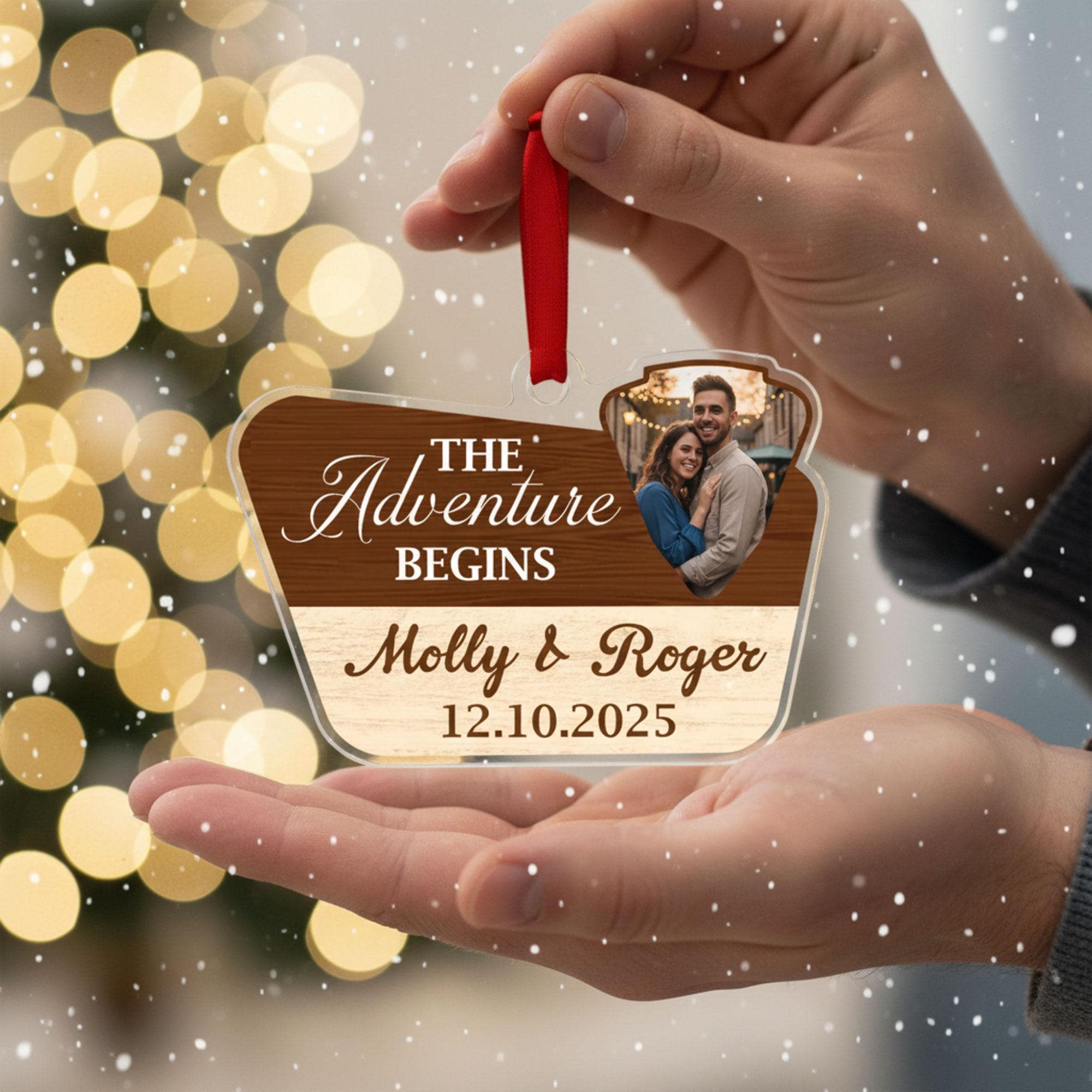 Custom Wedding Ornament 2025: Adventure Camping Couple Keepsake, Photo & Date Holiday Decor