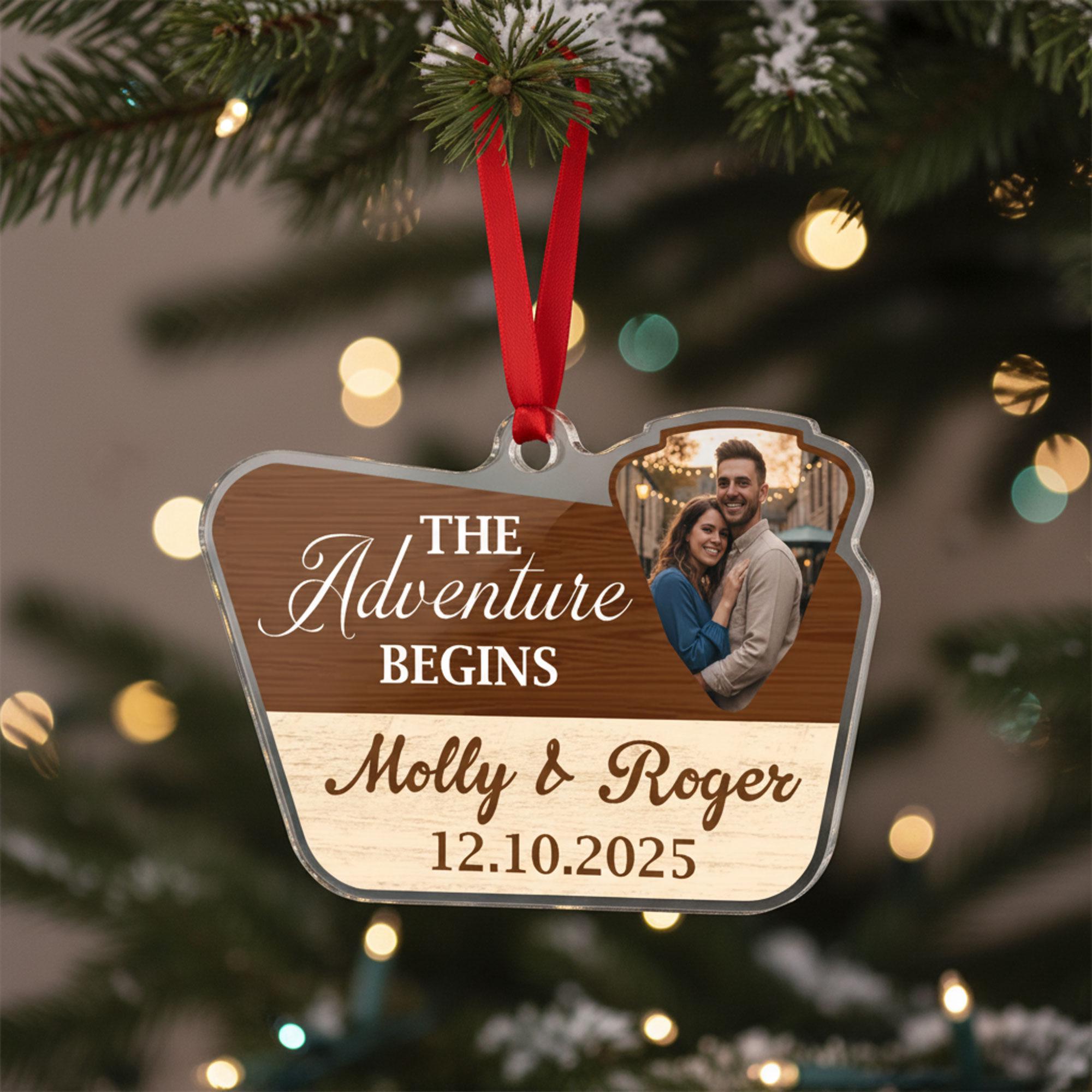 Custom Wedding Ornament 2025: Adventure Camping Couple Keepsake, Photo & Date Holiday Decor