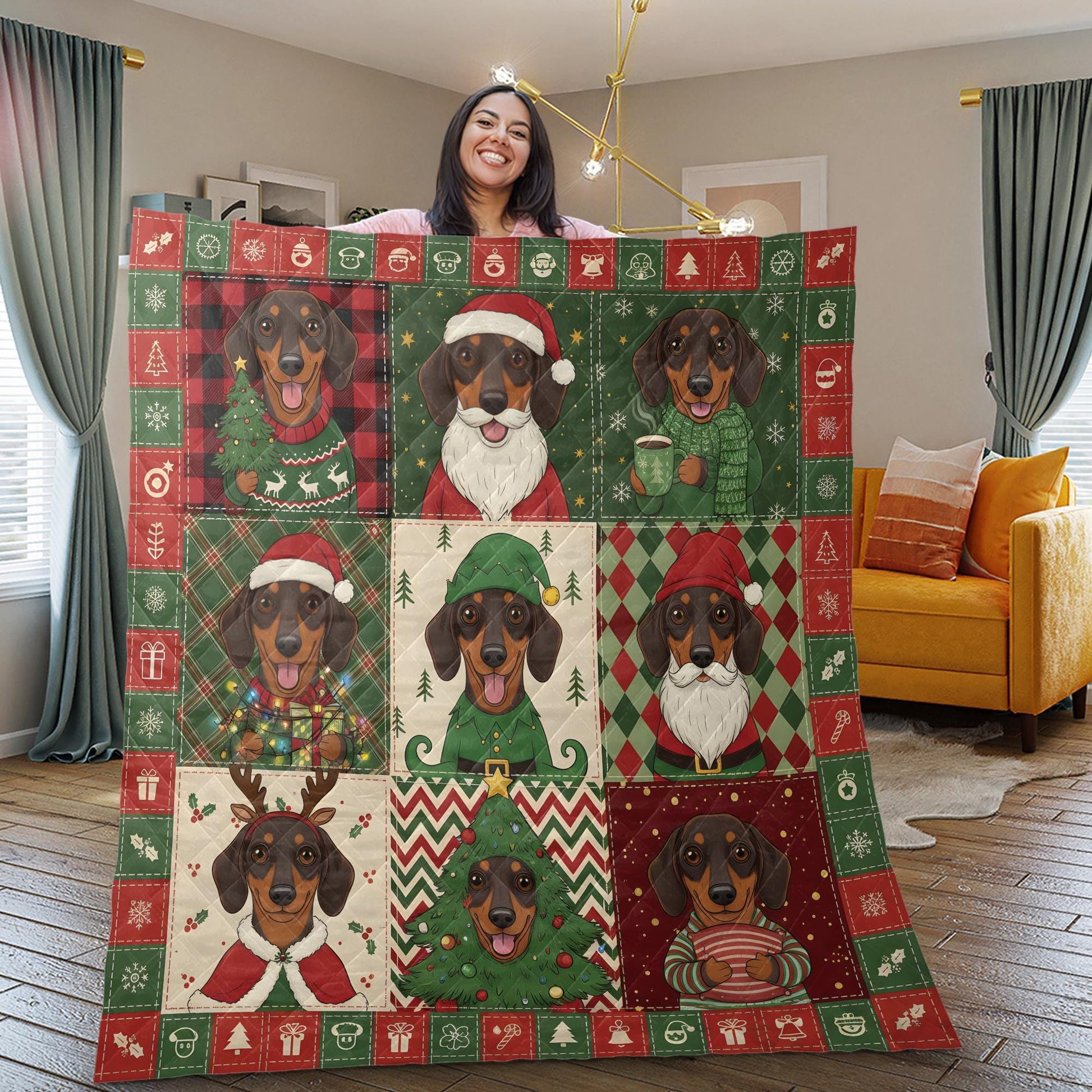 Dachshund Christmas Quilt Blanket, Patchwork Dog Print, Holiday Bedding