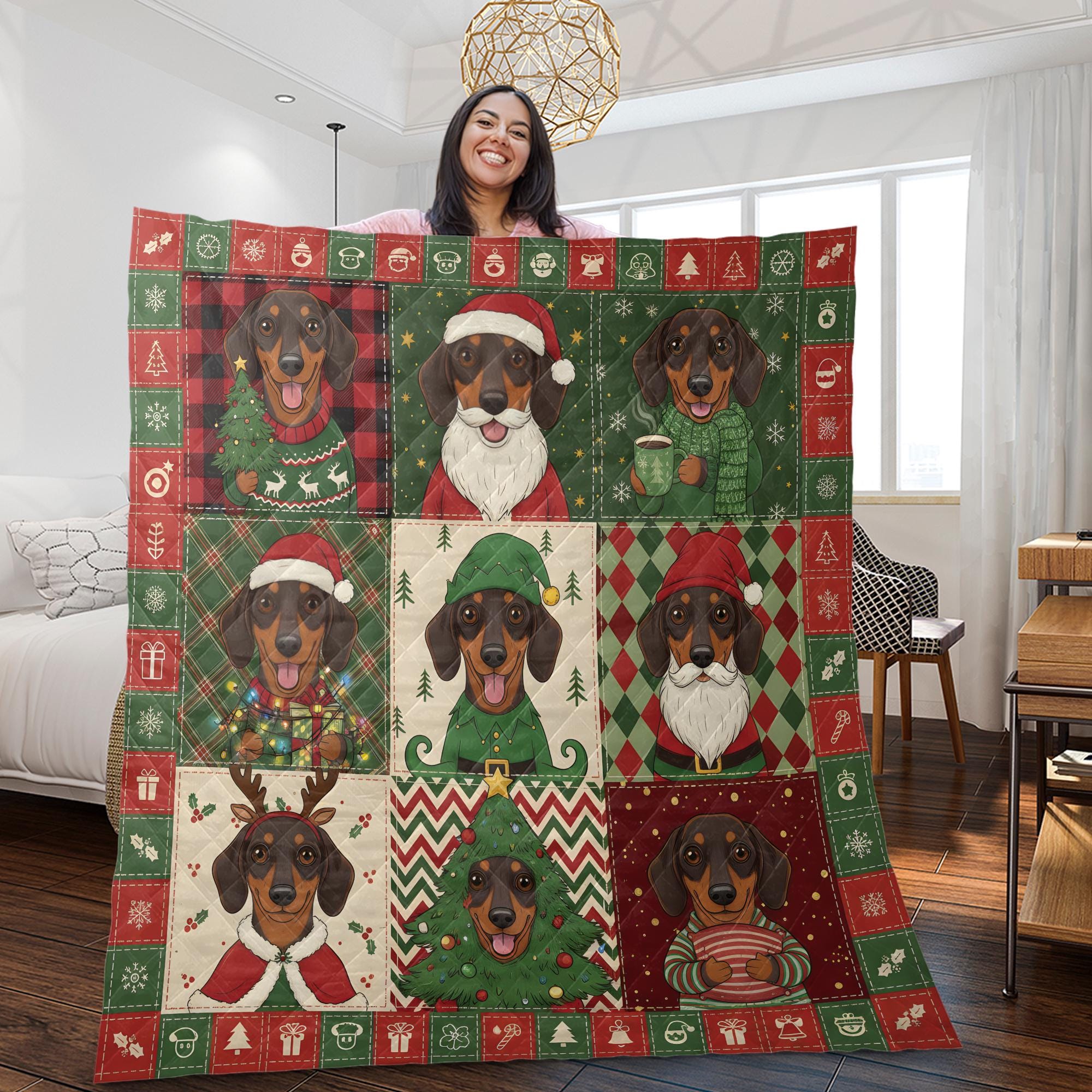 Dachshund Christmas Quilt Blanket, Patchwork Dog Print, Holiday Bedding