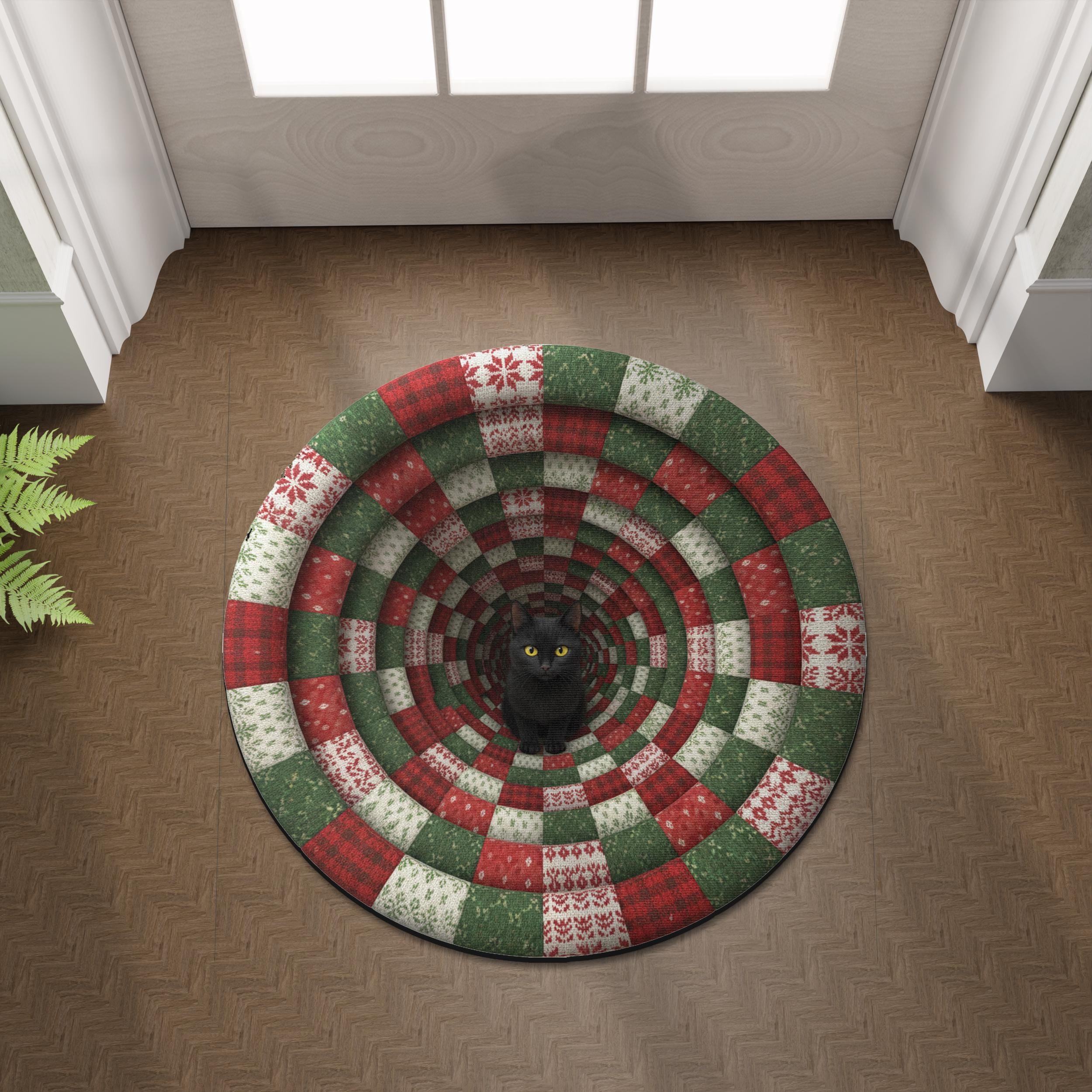 Round Shape Christmas Door Mat– Cat Tunnel Design, Non-Slip Back, Indoor Outdoor Holiday Mat