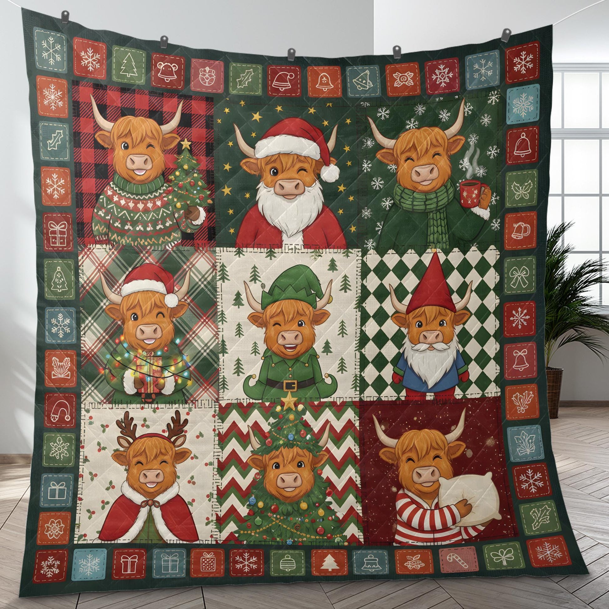 Highland Cow Christmas Quilt Blanket, Patchwork Farm Cow Print, Winter Bed Throw