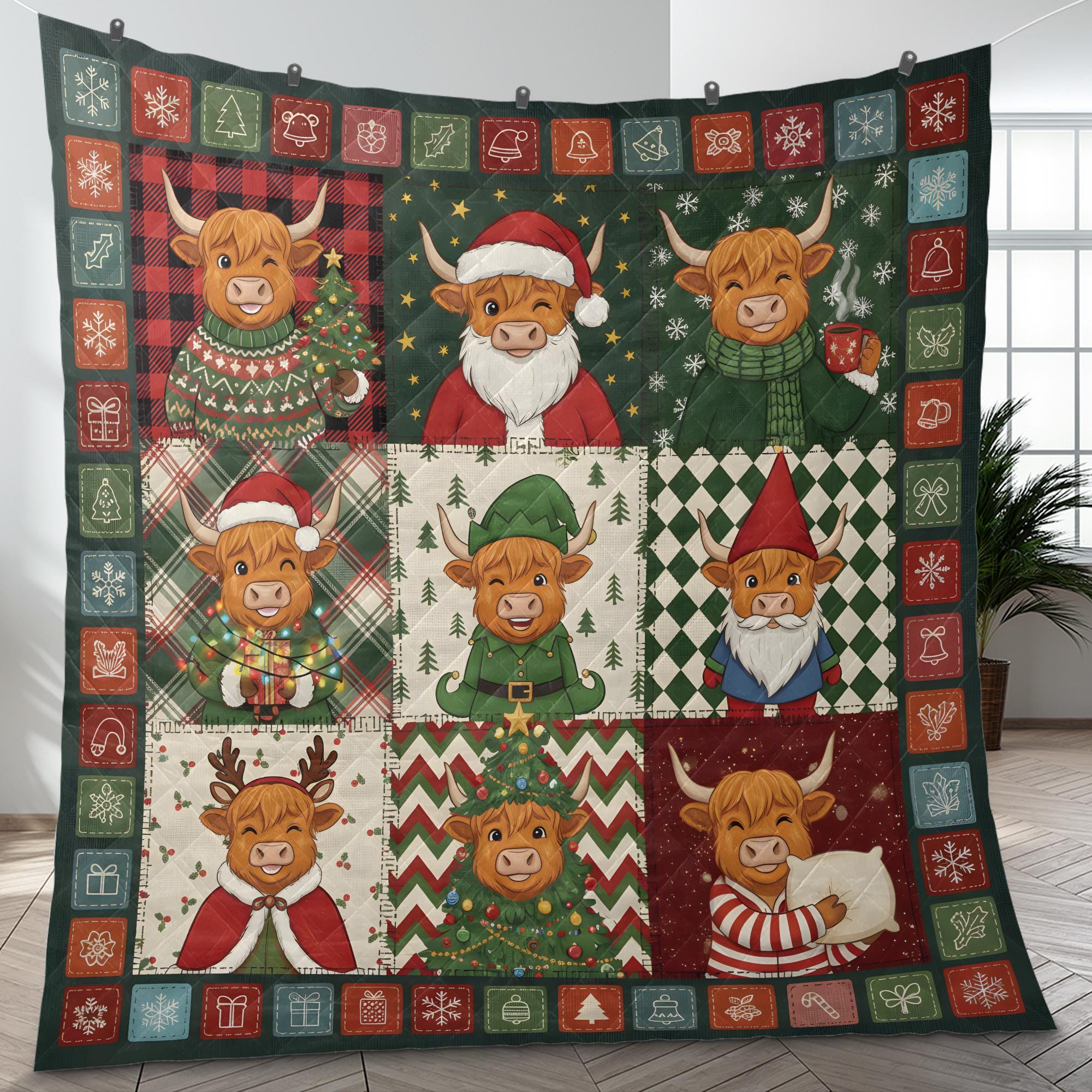 Highland Cow Christmas Quilt Blanket, Patchwork Farm Cow Print, Winter Bed Throw