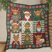 Highland Cow Christmas Quilt Blanket, Patchwork Farm Cow Print, Winter Bed Throw